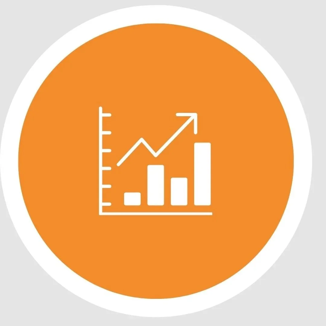 Icon of a chart with increasing bars and an upward trending line on an orange circular background, reflecting monitoring and improvement