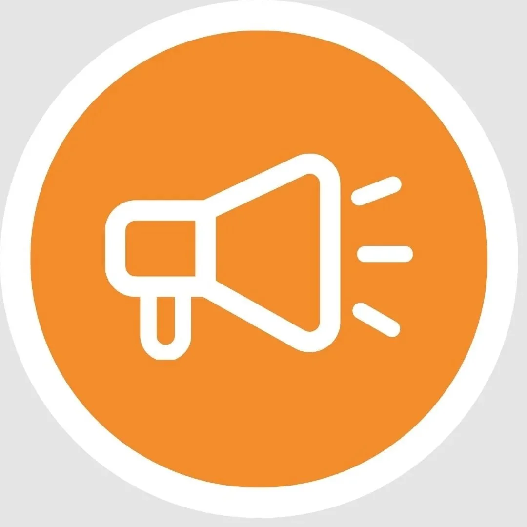 Icon with a  loudspeaker emitting sound waves on an orange circular background, reflecting results dissemination and stratetic communication