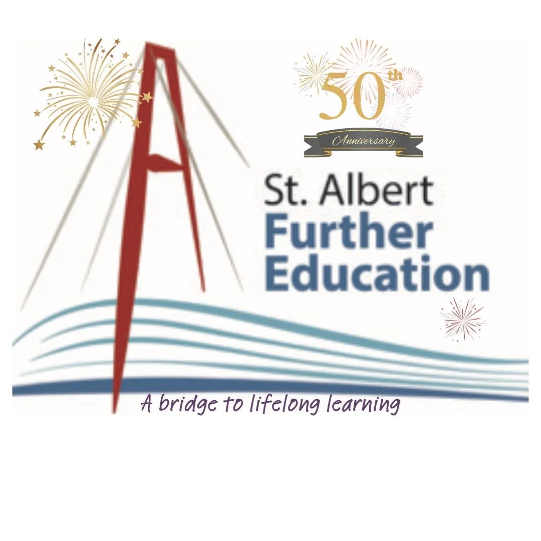 Celebration of St. Albert's 50th anniversary with a logo featuring a red tent, fireworks, and the tagline 'A bridge to lifelong learning'.