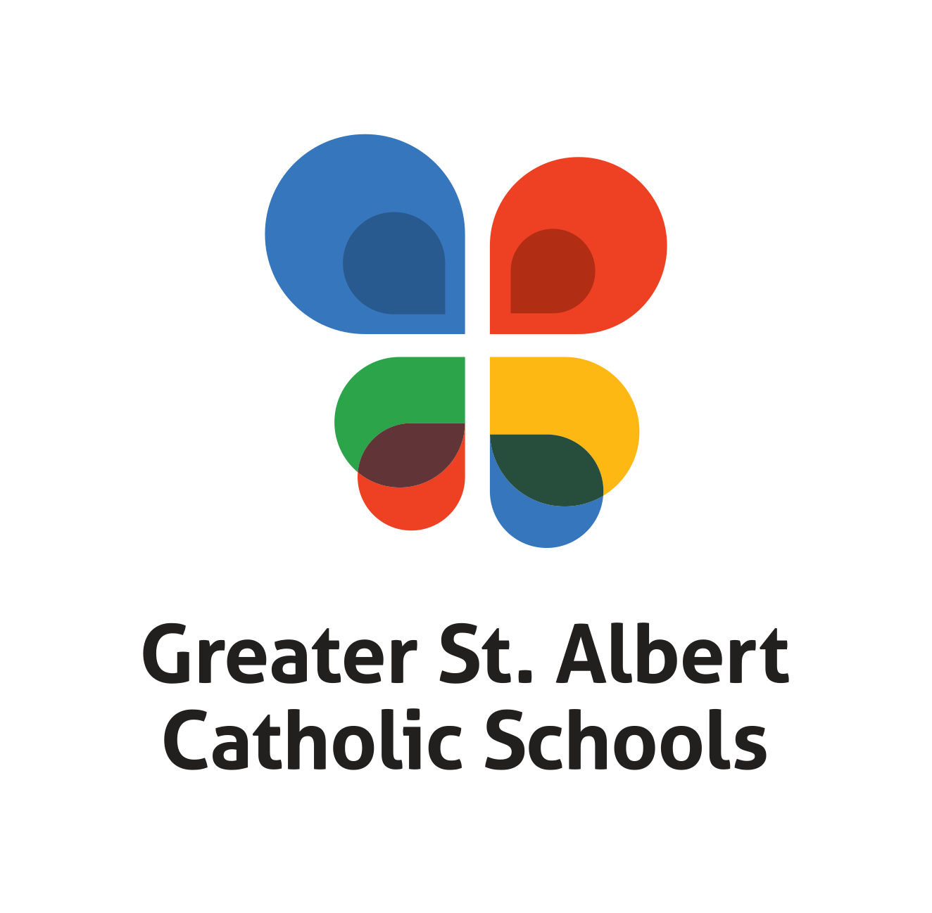Colorful abstract butterfly logo with four colored sections: blue, red, green, and yellow. Below, black text reads 'Greater St. Albert Catholic Schools'.