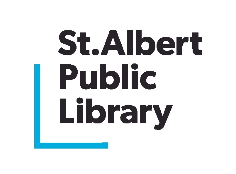 Logo of St. Albert Public Library with black text and a blue corner accent.