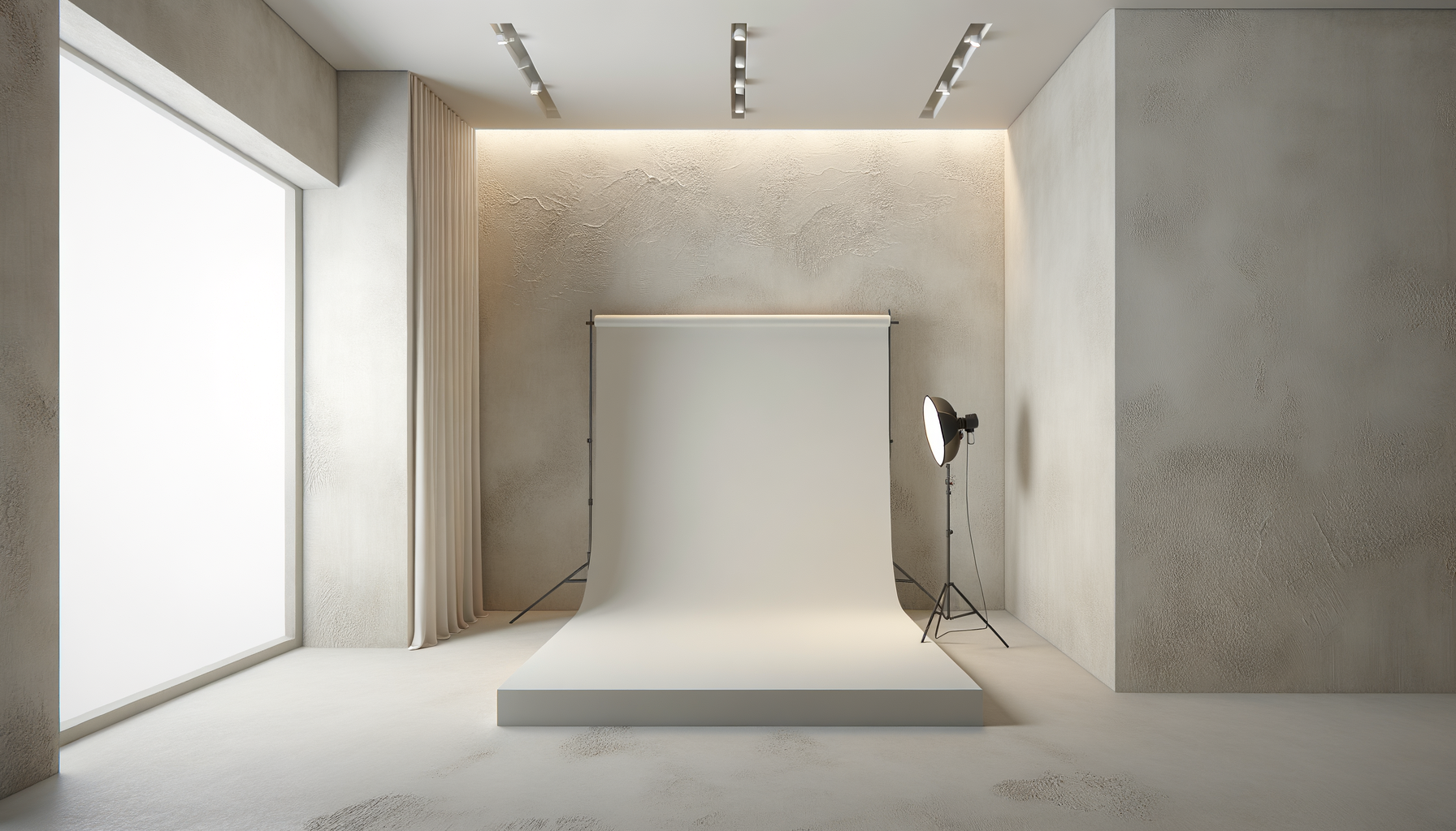 Photography studio with white backdrop, softbox light, and large illuminated window.
