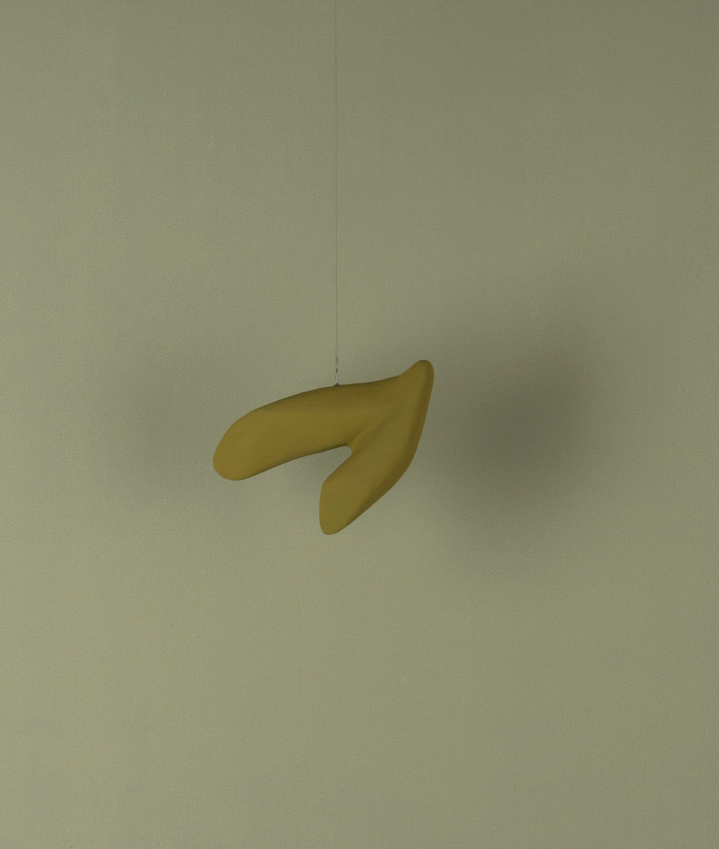 Una banana gialla sospesa da un filo contro uno sfondo neutro.