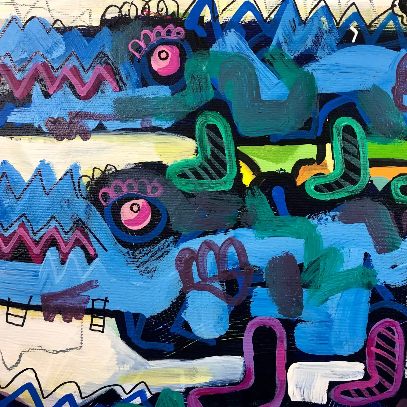 Detail bunte Linien und Tiermotive, Pop Art Acrylgemälde King of the Blue Herd, Fredi Gertsch, 2021