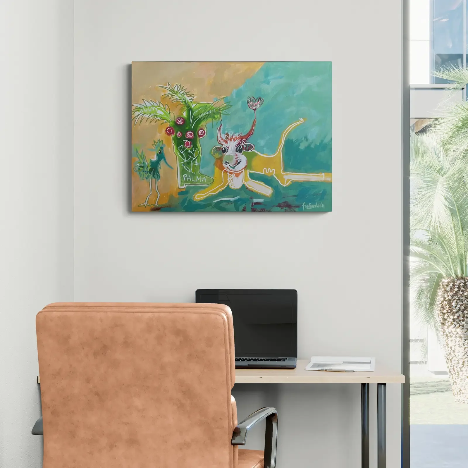 La Paloma, Palma und Paulchen, Pop Art Acrylgemälde von Fredi Gertsch, Wandbild im modernen Büro, Schweizer Kunst, 2015