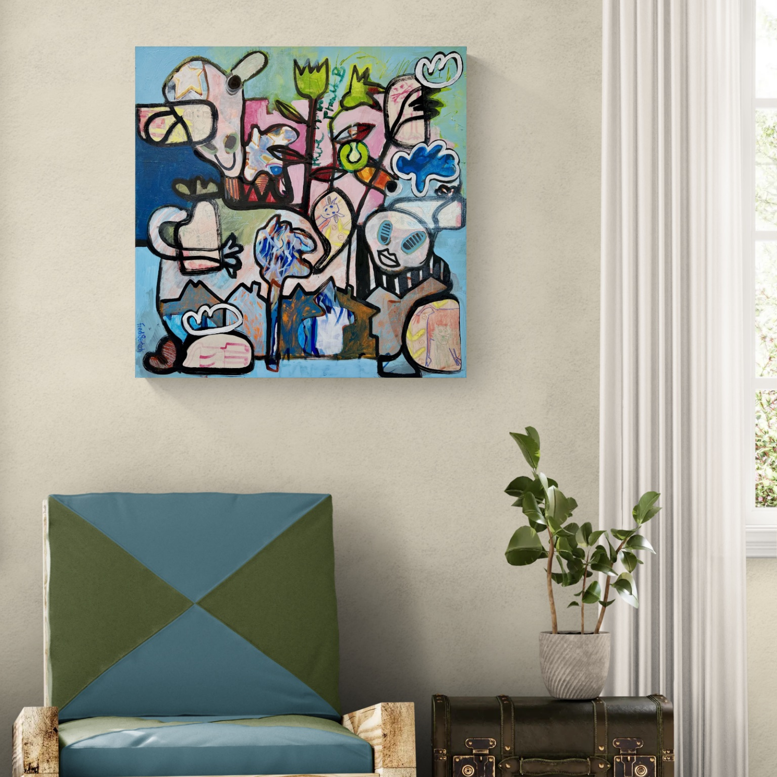 The Wild Gathering von Fredi Gertsch als Wandbild über einem modernen Sessel in einem hellen Wohnraum
