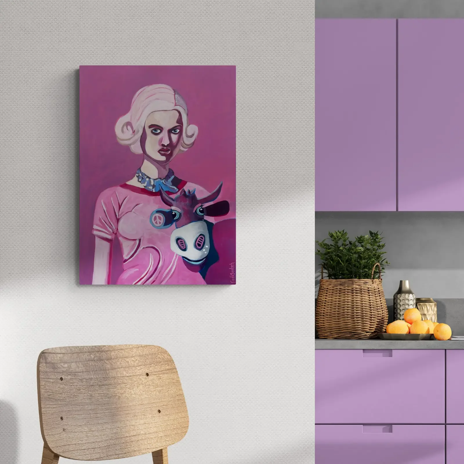 Barbie & VogelLisi von Fredi Gertsch, Pop Art Wandbild im modernen Raum, 2023