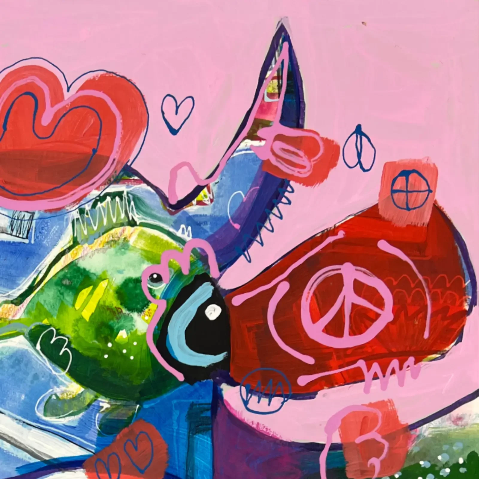 Detail Herz und Peace-Symbol auf pinkem Hintergrund, Pop Art Acrylgemälde VogelLisi – Mach Platz fuers Wunder, Fredi Gertsch, 2026
