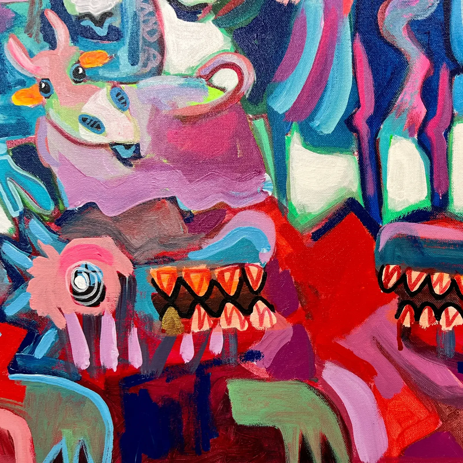 Detail rote und blaue Kuh, expressive Linien, Pop Art Acrylgemälde A King Is Born, Fredi Gertsch, 2024