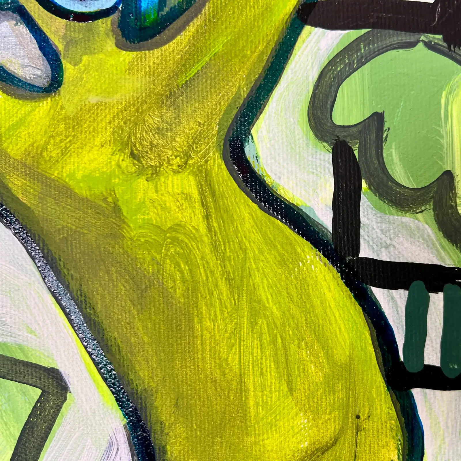 Detail gelb-grüne Farbfläche und schwarze Konturen, Pop Art Acrylgemälde With A Little Help From My Friends – Green Groove, Fredi Gertsch, 2026