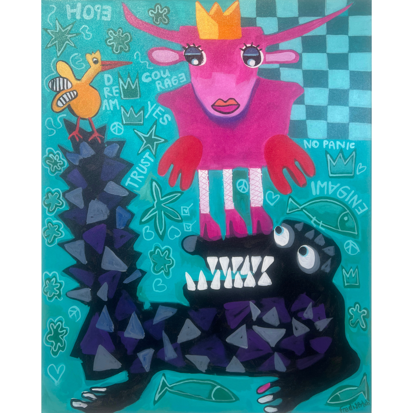 KrokoLove – Trust the Yes, Originalgemälde von Fredi Gertsch, Acryl auf Leinwand, 80x100 cm, Mini-Serie (2 Bilder), Schweizer Pop Art