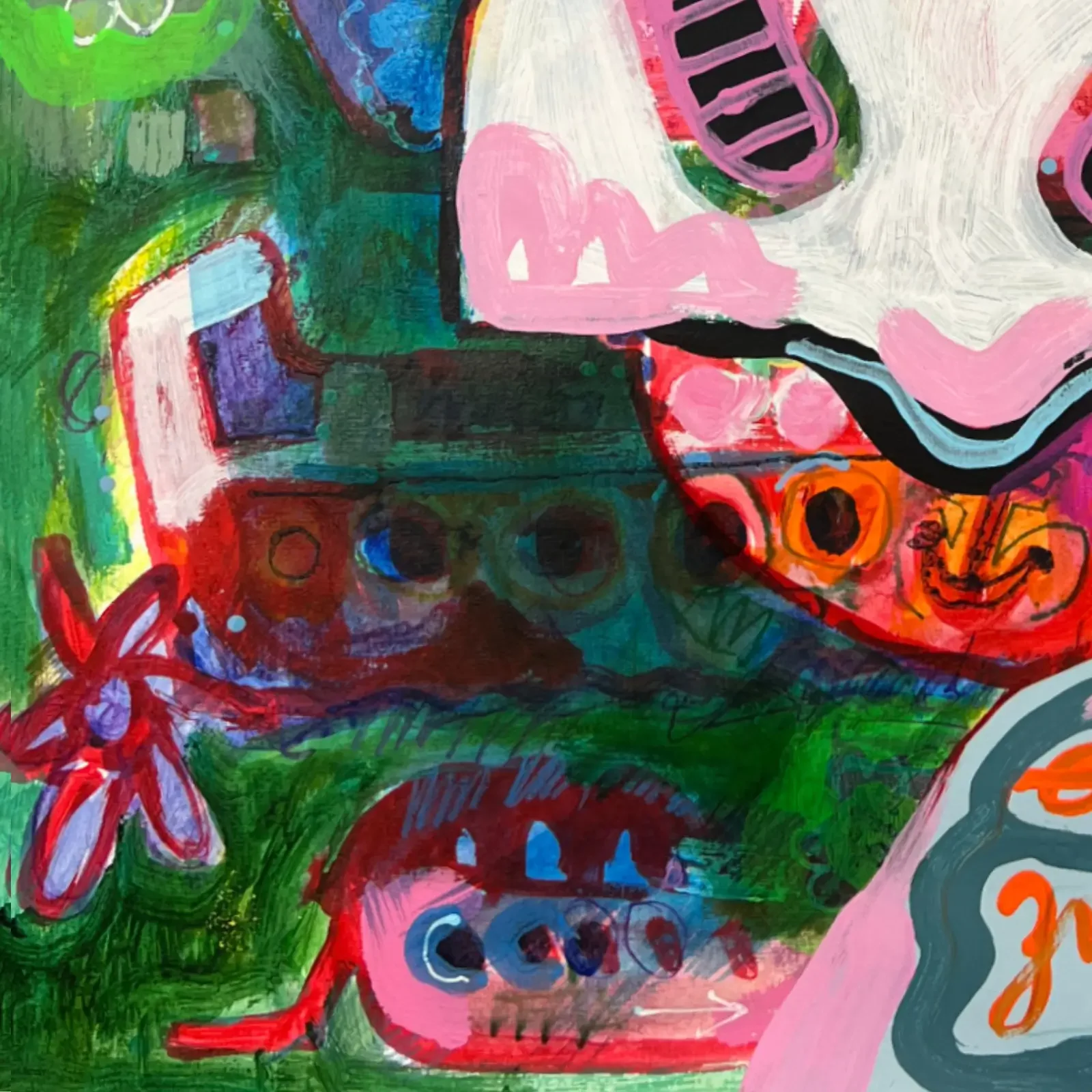 Detail bunte Farbschichten und Blumenmotiv, Pop Art Acrylgemälde VogelLisi – Ich lasse los, um zu bleiben, Fredi Gertsch, 2026