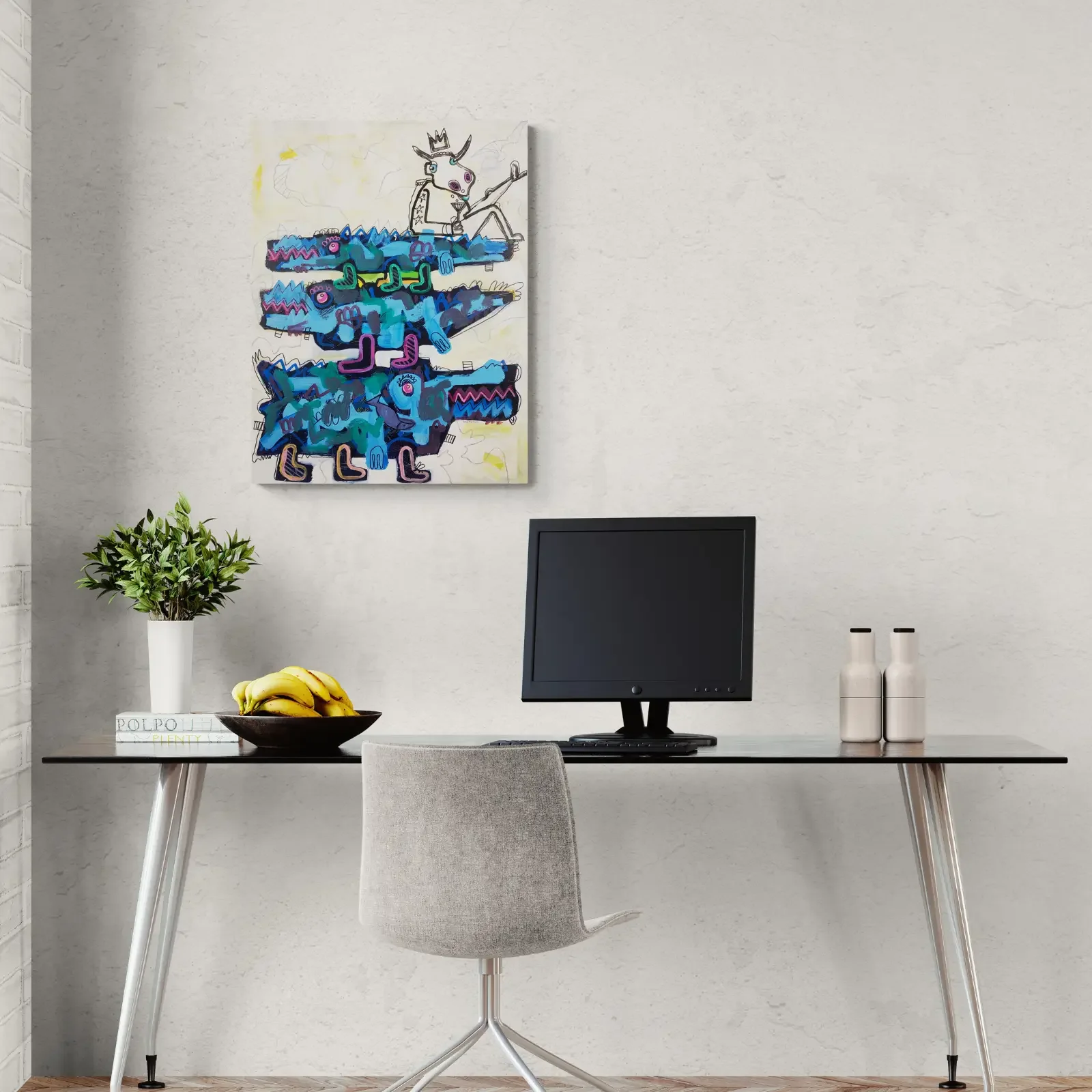 King of the Blue Herd von Fredi Gertsch, Pop Art Acrylgemälde als Wandbild im Homeoffice, 2021