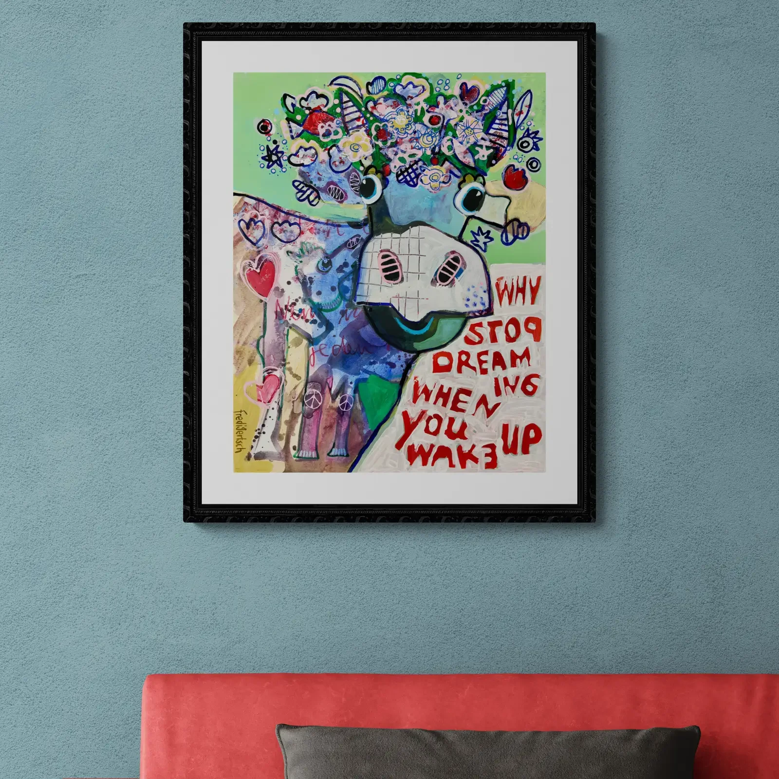 VogelLisi – Flower Mind, Pop Art Acrylgemälde von Fredi Gertsch, Wandbild im Esszimmer, Schweizer Kunst, 2026