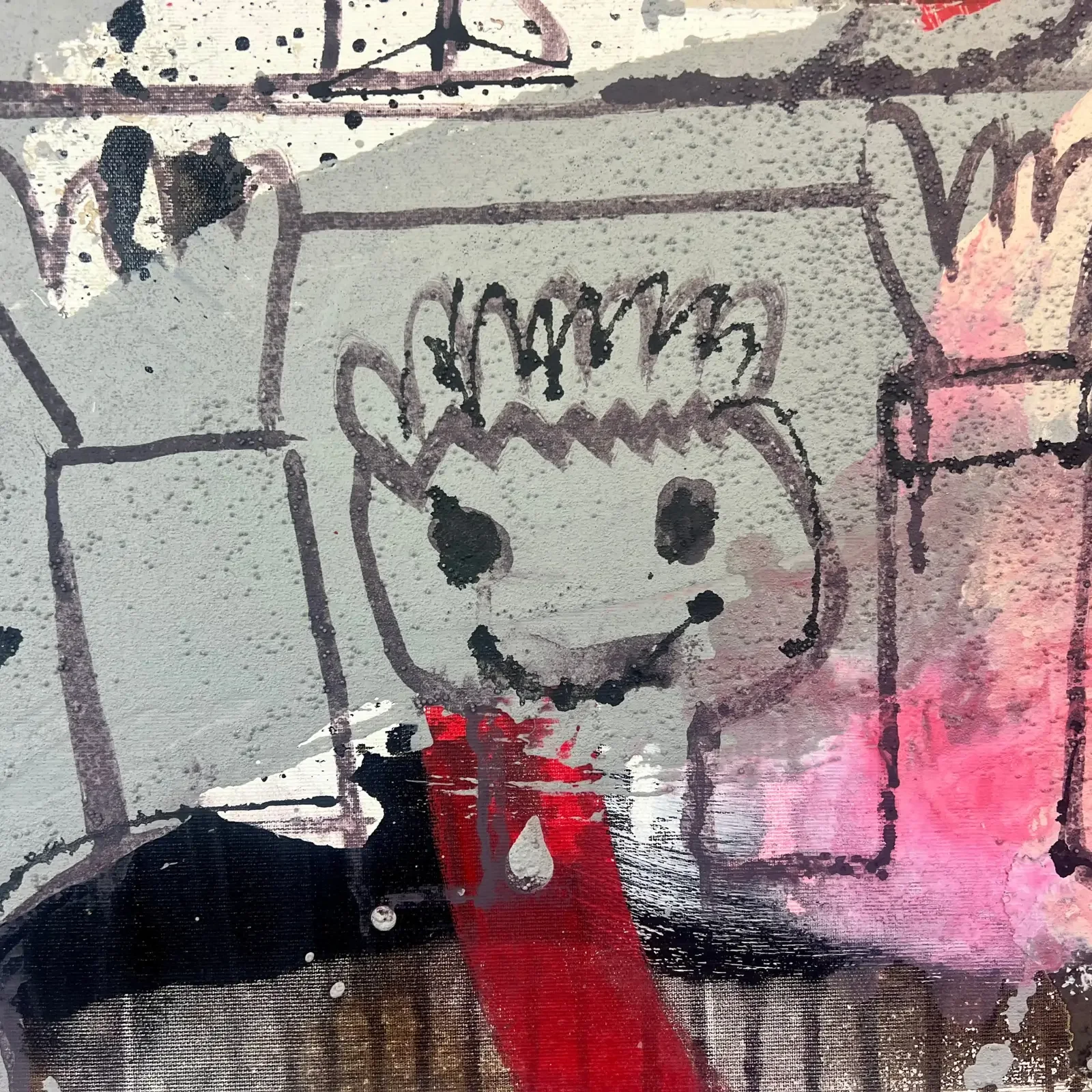 Detail Figur mit rotem Schal, Collage-Elemente, Pop Art Acrylgemälde It’s A Tricky Situation, Fredi Gertsch, 2024