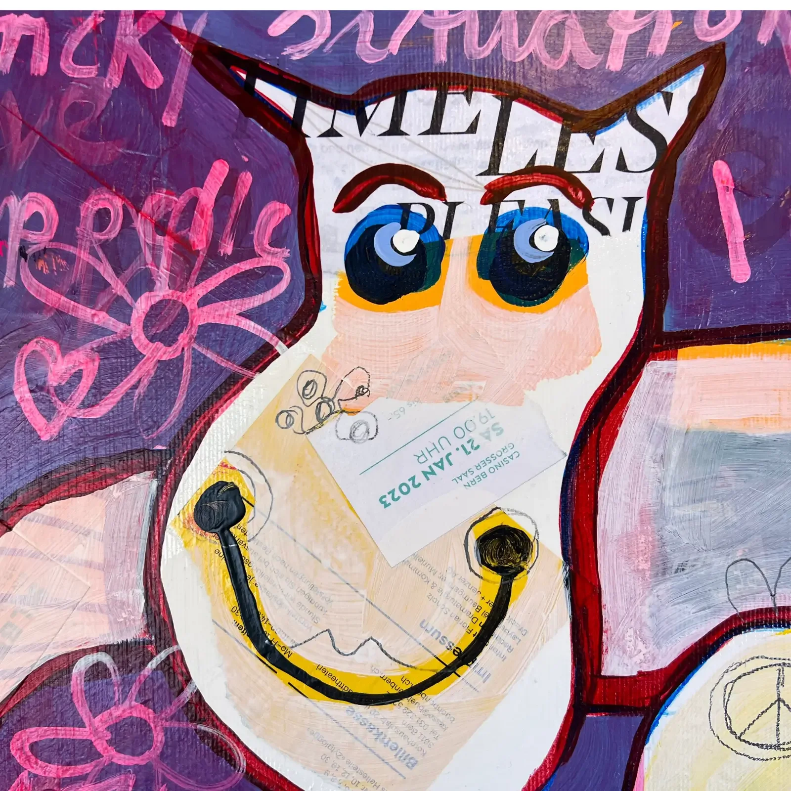 Detail Kuhgesicht mit Schrift und Collage-Elementen, Mixed Media Gemälde Das Leben ist wie eine Schachtel Pralinen, Fredi Gertsch, 2023