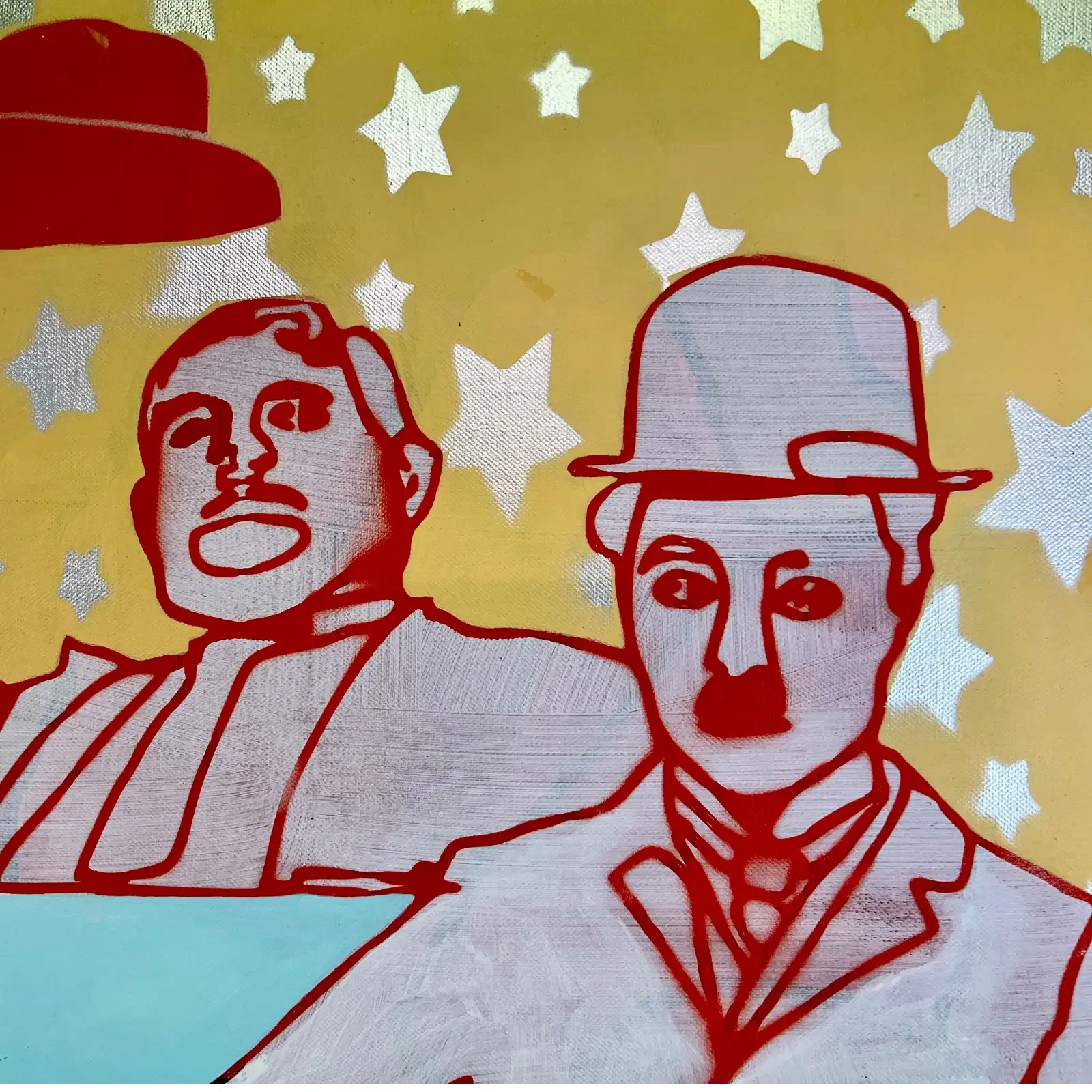 Detail rote Linienportraits von Stan & Olli und Charlie Chaplin vor Sternenhimmel, Pop Art Acrylgemälde Stars & Legends, Fredi Gertsch, 2018