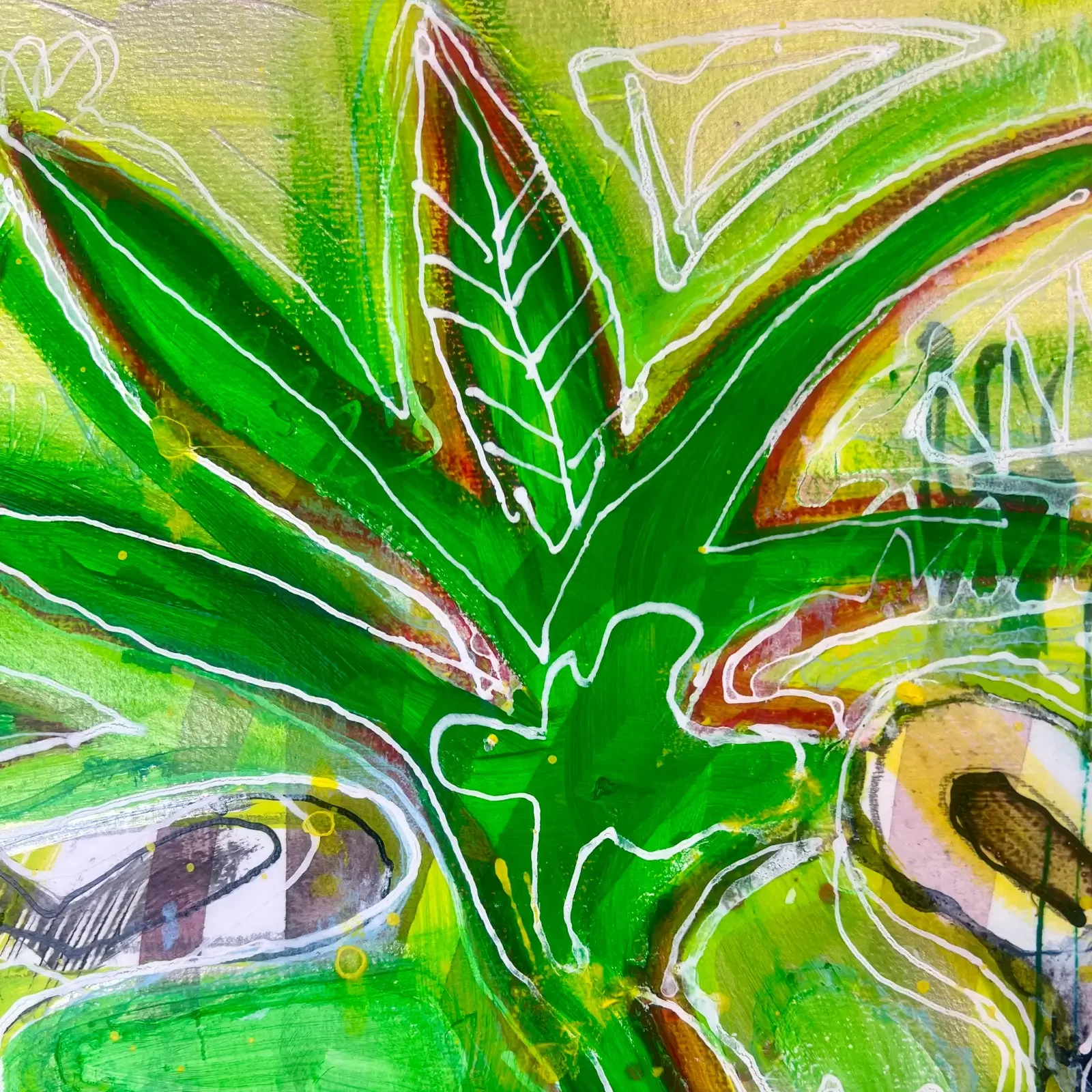 Detail Palmenblatt und leuchtendes Grün, Pop Art Acrylgemälde Dschungelkönigin, Fredi Gertsch, 2024