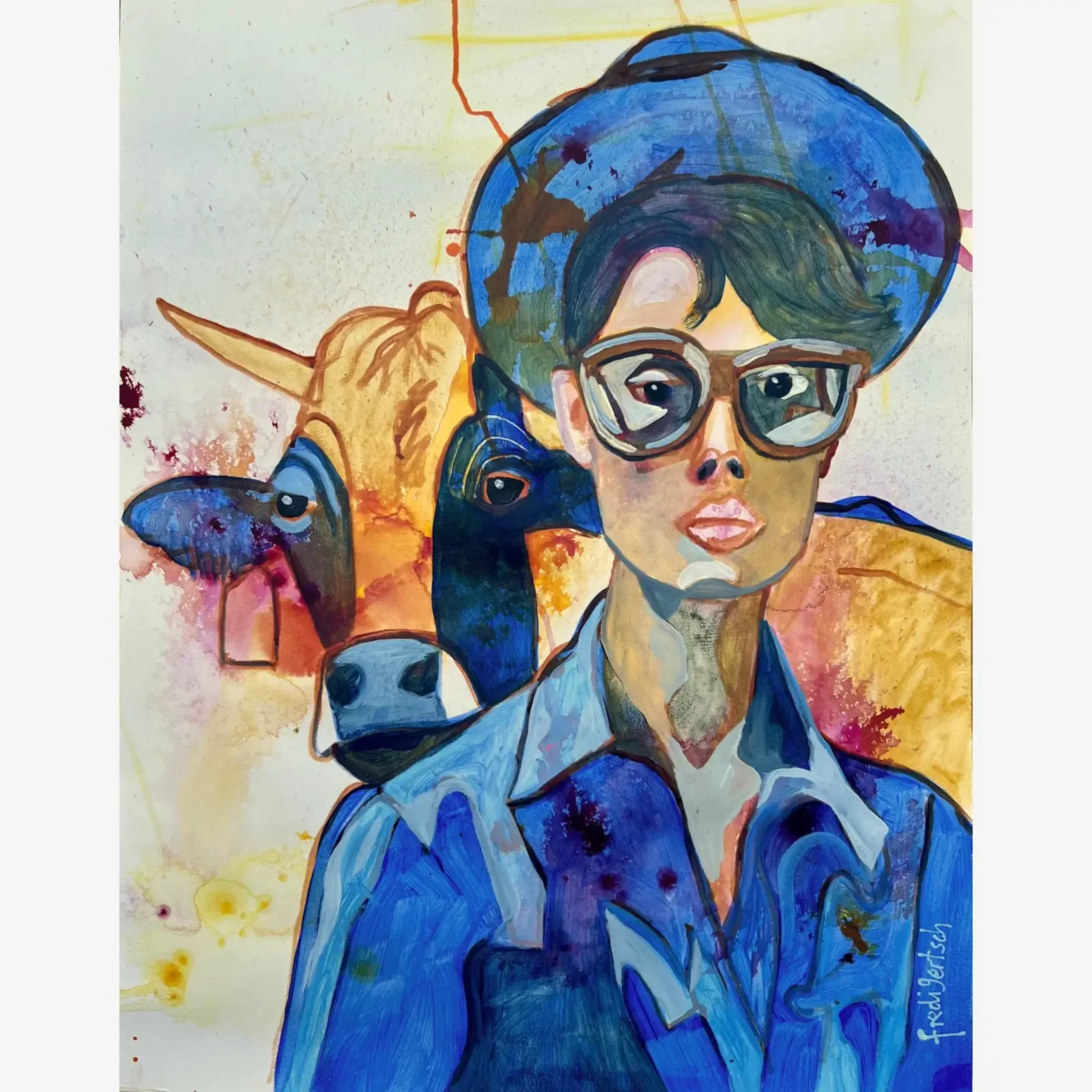 Power Women, Pop Art Acrylgemälde mit Frau im blauen Anzug und Kuh, Fredi Gertsch, 2024