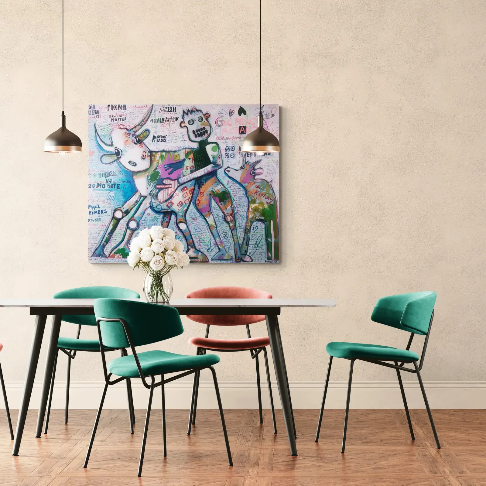Fiona’s Life von Fredi Gertsch, Mixed Media Pop Art als grossformatiges Wandbild im Esszimmer, 2019