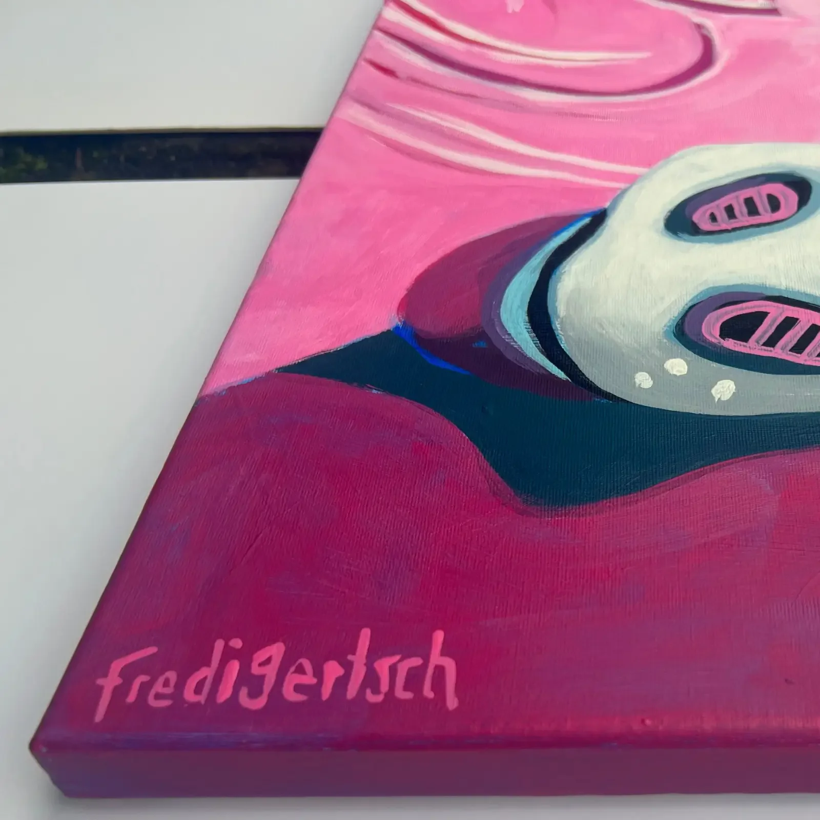 Detail Leinwandkante und Signatur, Pop Art Acrylgemälde Barbie & VogelLisi, Fredi Gertsch, 2023