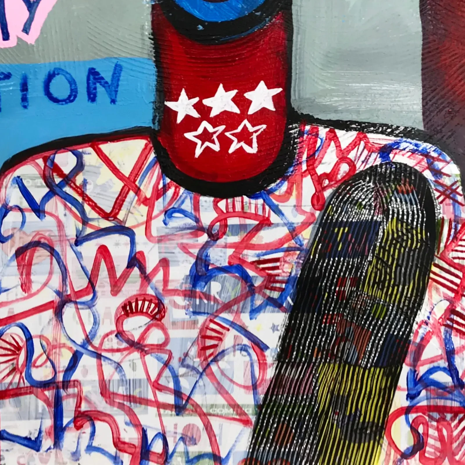 Detail roter Schal und Muster, Pop Art Mixed Media Kunstwerk It’s a tricky situation, Fredi Gertsch, 2018