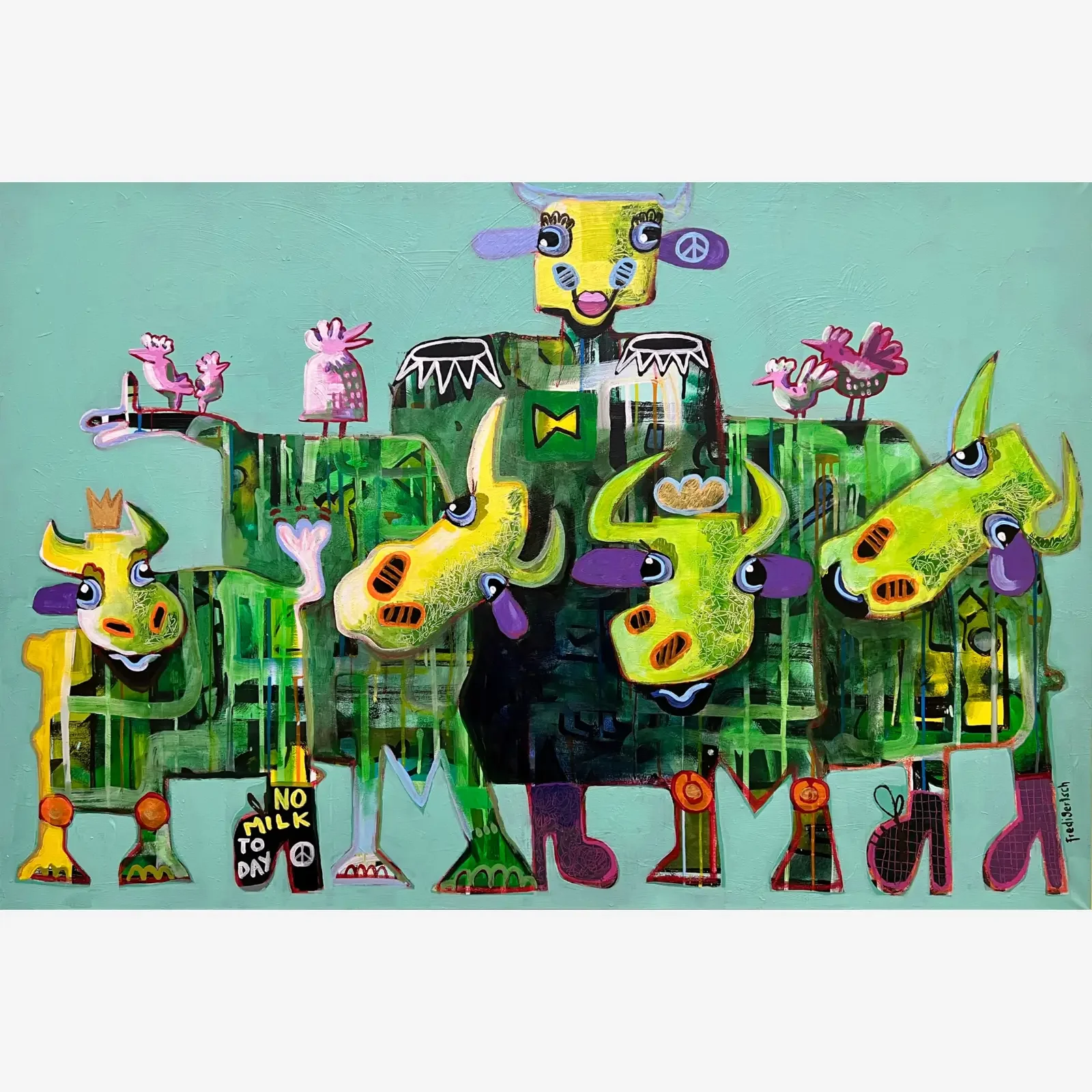 Pink Birds over Cow City, Originalgemälde 2026 von Fredi Gertsch, Acryl auf Leinwand, Kuh-Familie in grüner City-Landschaft mit pinken Birds und Krone, 150x100 cm