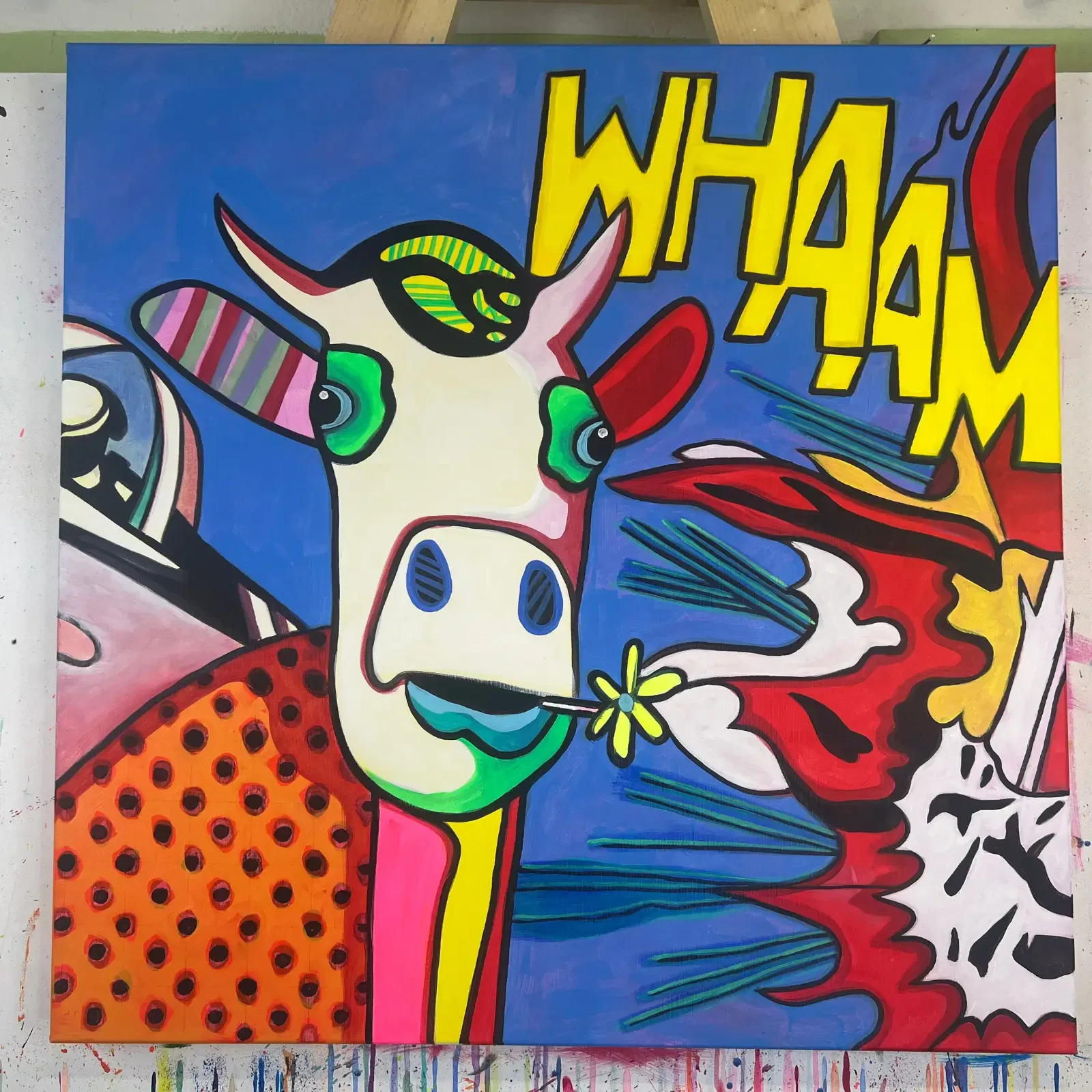 Detail Pop Art Muster und Sprechblase, Pop Art Acrylgemälde Baby Meets Roy, Fredi Gertsch, 2024