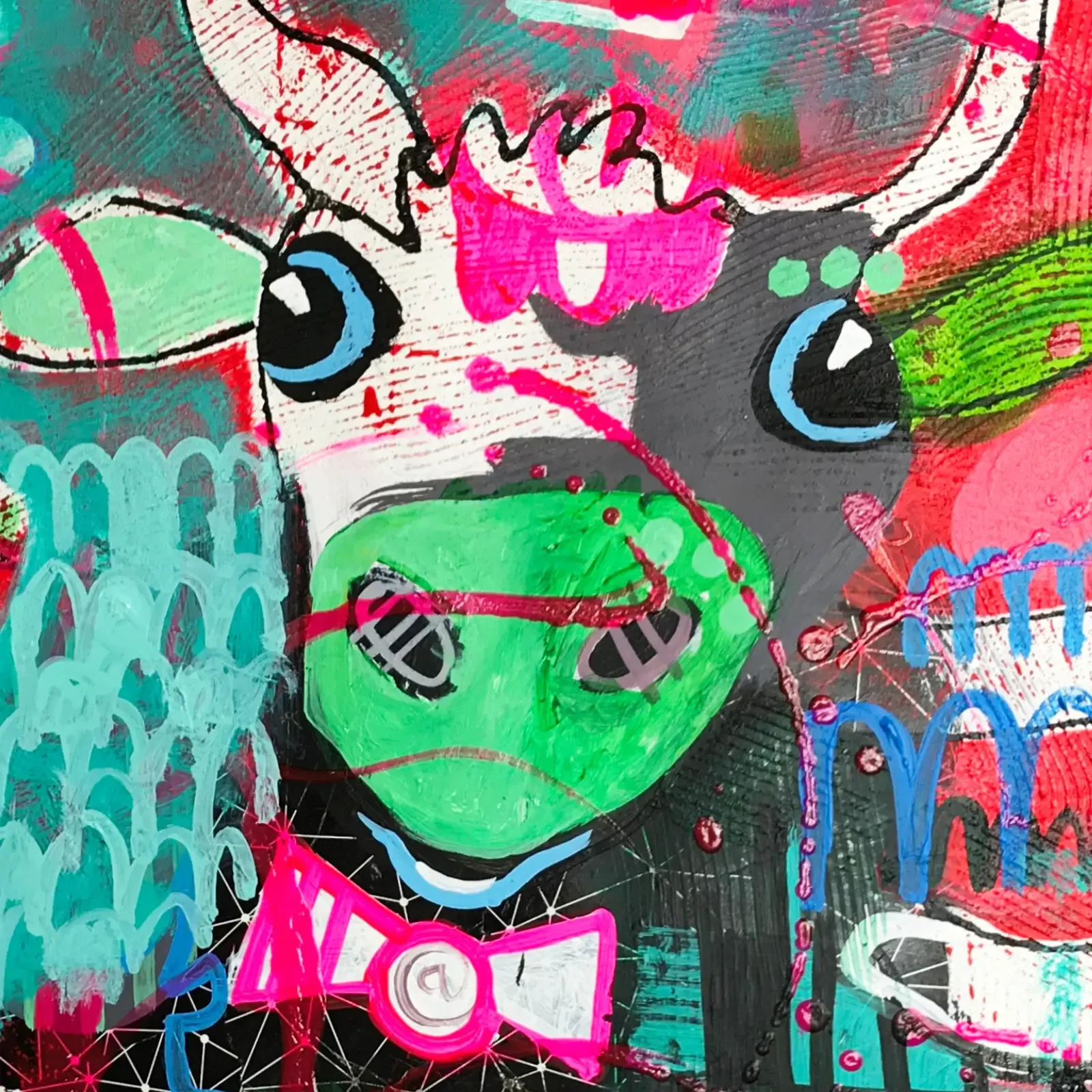 Detail Kuh mit Fliege und Neonakzenten, Pop Art Mixed Media Kunstwerk Neon Toast, Fredi Gertsch, 2018