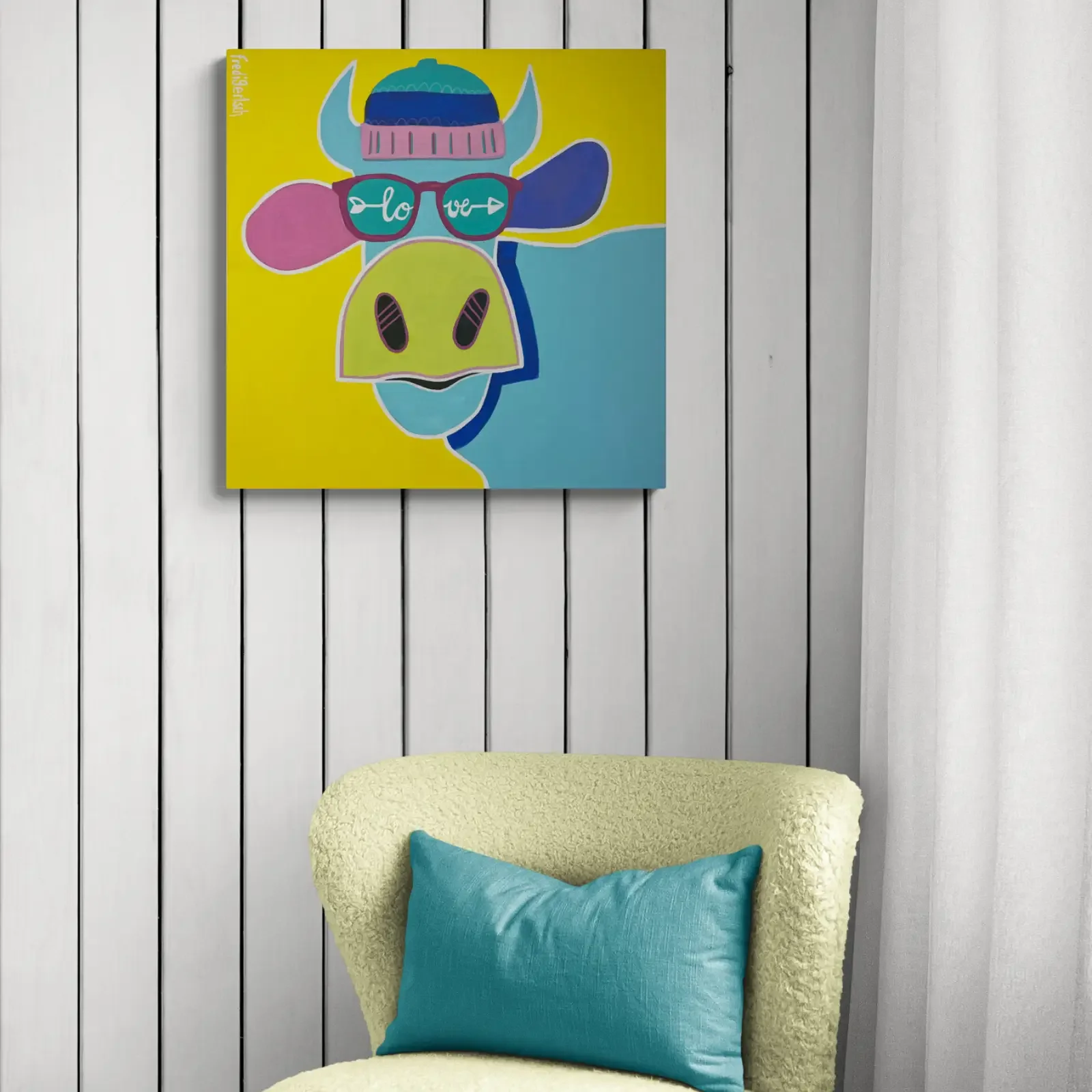 VogelLisi Love von Fredi Gertsch, Pop Art Acrylgemälde als Wandbild im modernen Wohnzimmer, 2022