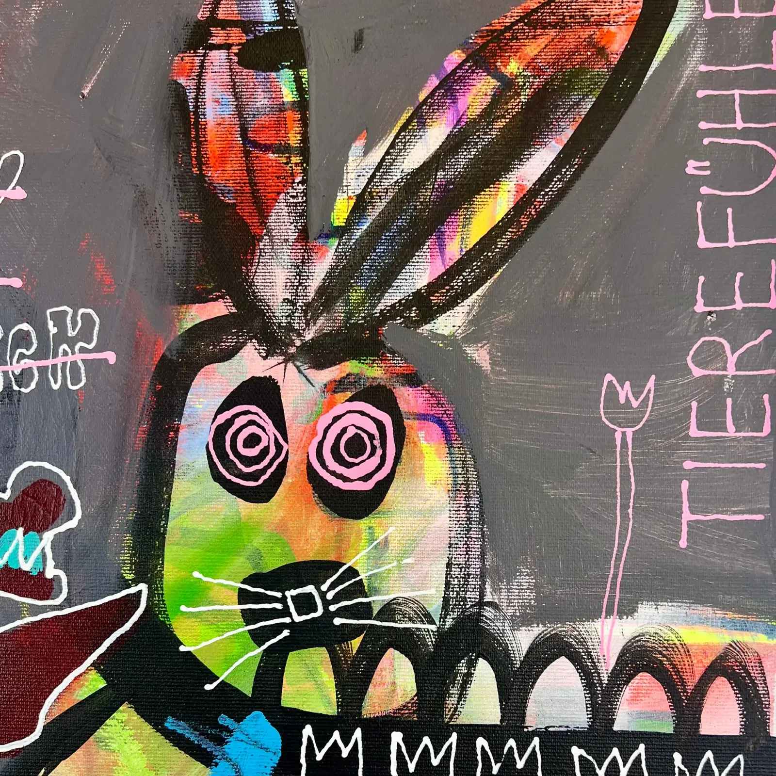 Detailansicht bunter Hase mit Schriftzug "Tiere fühl", Pop Art Acrylgemälde Free Place For Ads, Fredi Gertsch