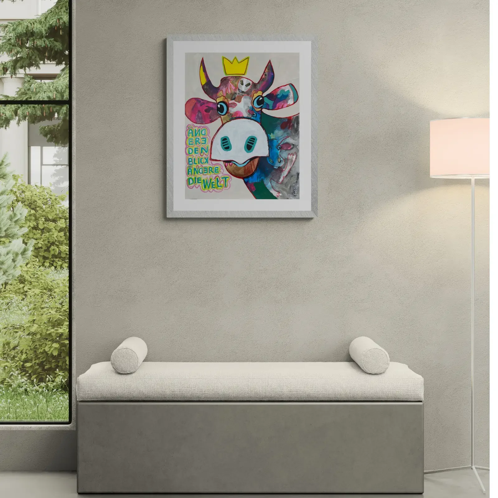 VogelLisi – Ändere den Blick, ändere die Welt von Fredi Gertsch, Pop Art Wandbild im hellen Raum, 2026