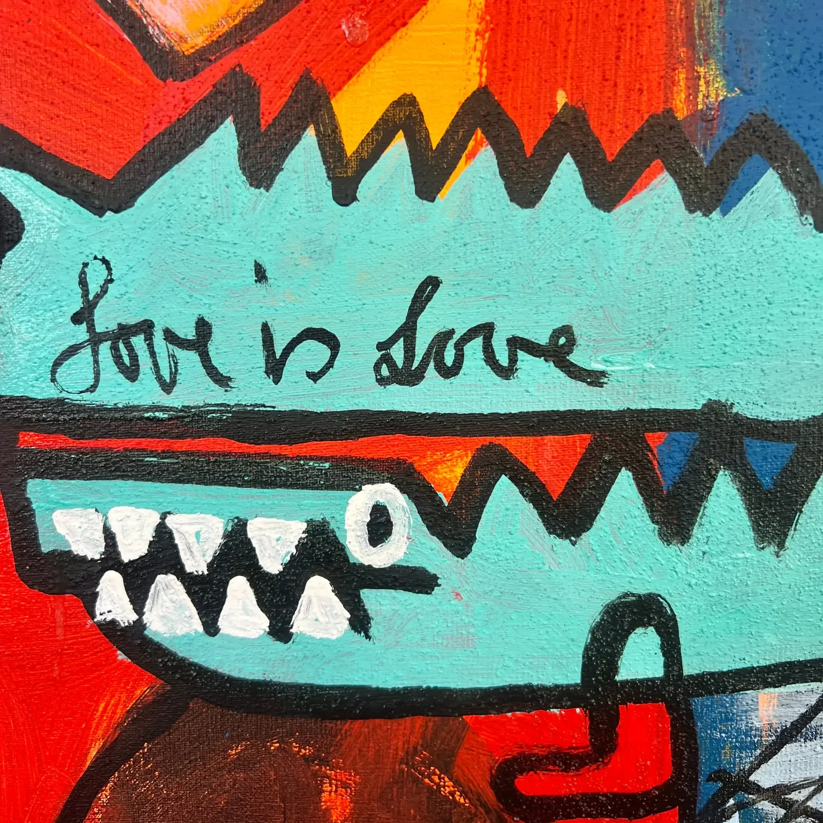 Detail "love is love" und handschriftliche Botschaften, Pop Art Acrylgemälde King Is King, Fredi Gertsch, 2024