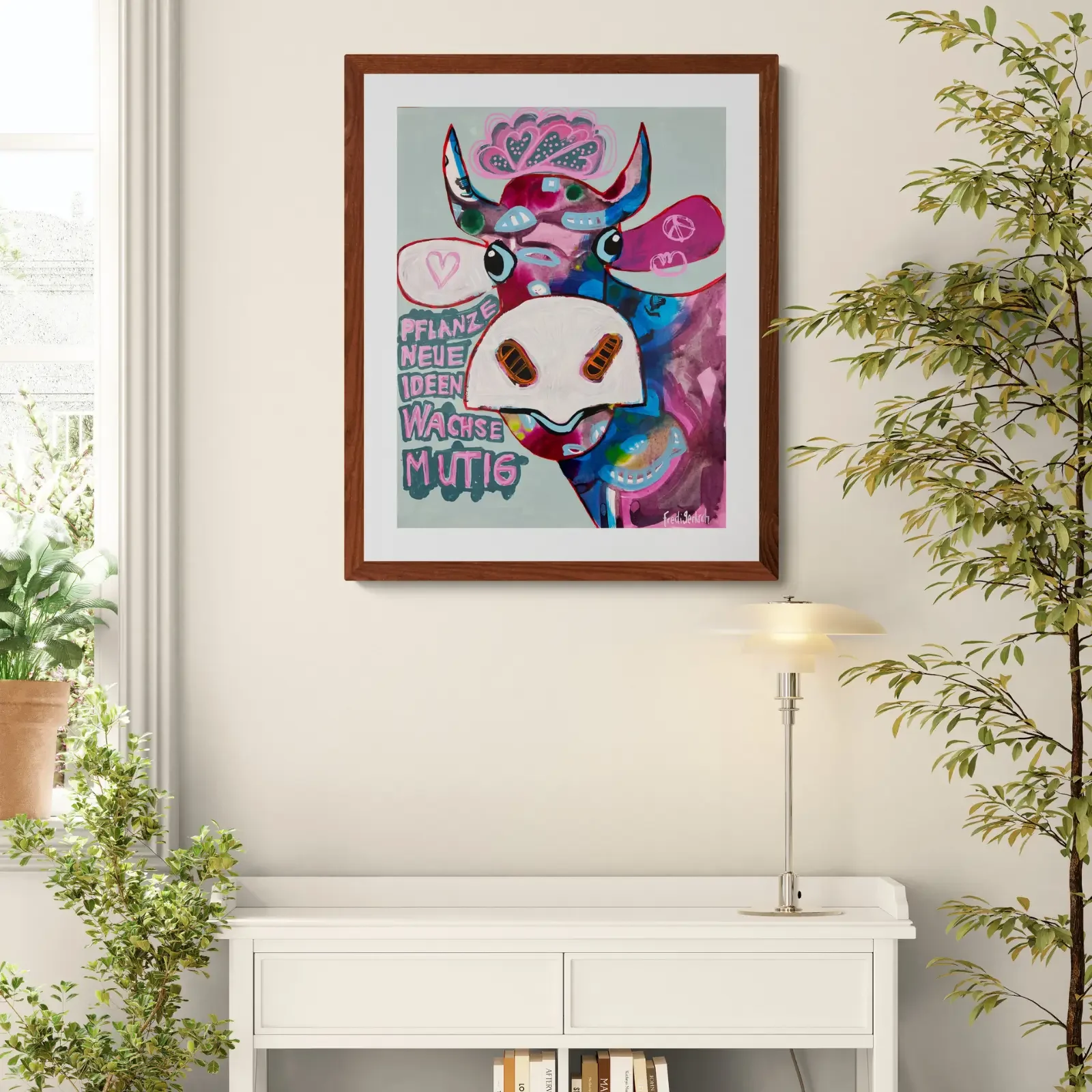 VogelLisi – Pflanze neue Ideen, wachse mutig von Fredi Gertsch, Pop Art Wandbild über Sideboard, 2026