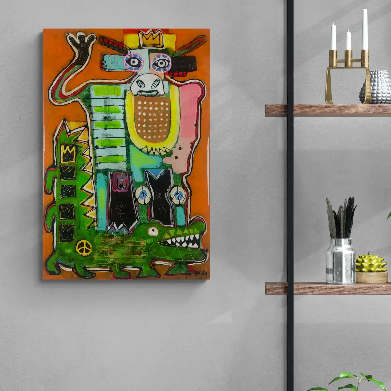 Crocodile Dundee, Pop Art Acrylgemälde von Fredi Gertsch, Wandbild im modernen Wohnzimmer, Schweizer Kunst, 2024