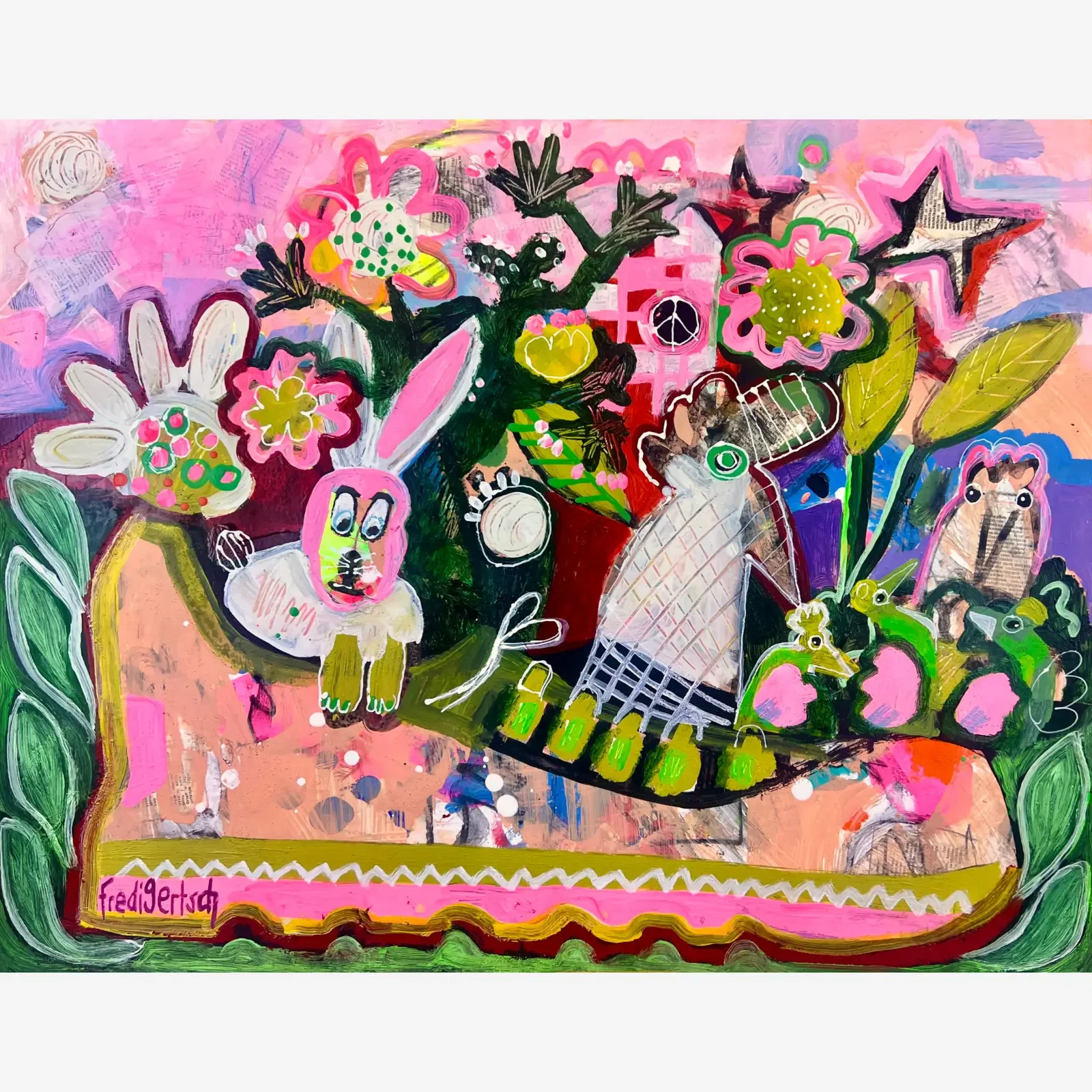 Hasilein, du musst nicht traurig sein, Pop Art Acrylgemälde auf Papier mit Hase, Blumen und buntem Schuh, Fredi Gertsch, 2024