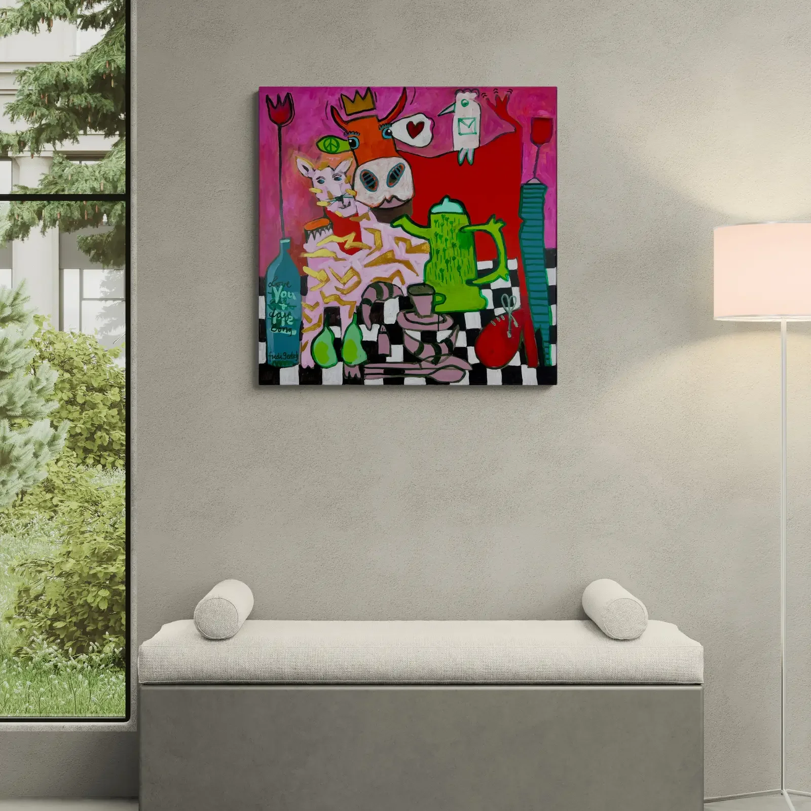 Königin der Herzen als Pop Art Wandbild im modernen Raum, 80 x 80 cm Acryl auf Leinwand, Fredi Gertsch, 2026