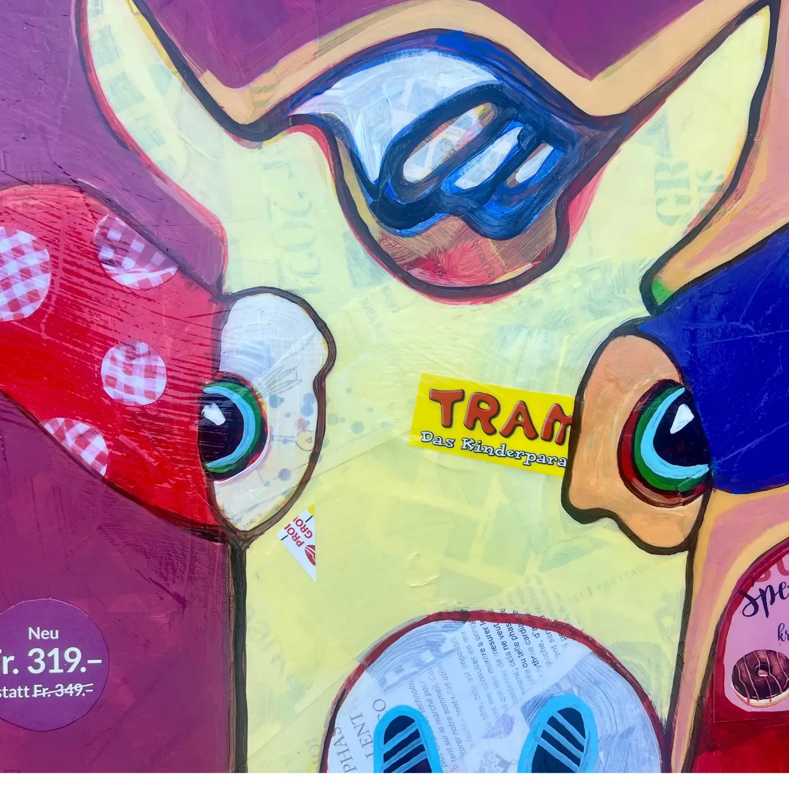 Detail Marilyn und Kuh, Collage-Stil, Pop Art Acrylgemälde Baby Marilyn, Fredi Gertsch, 2024