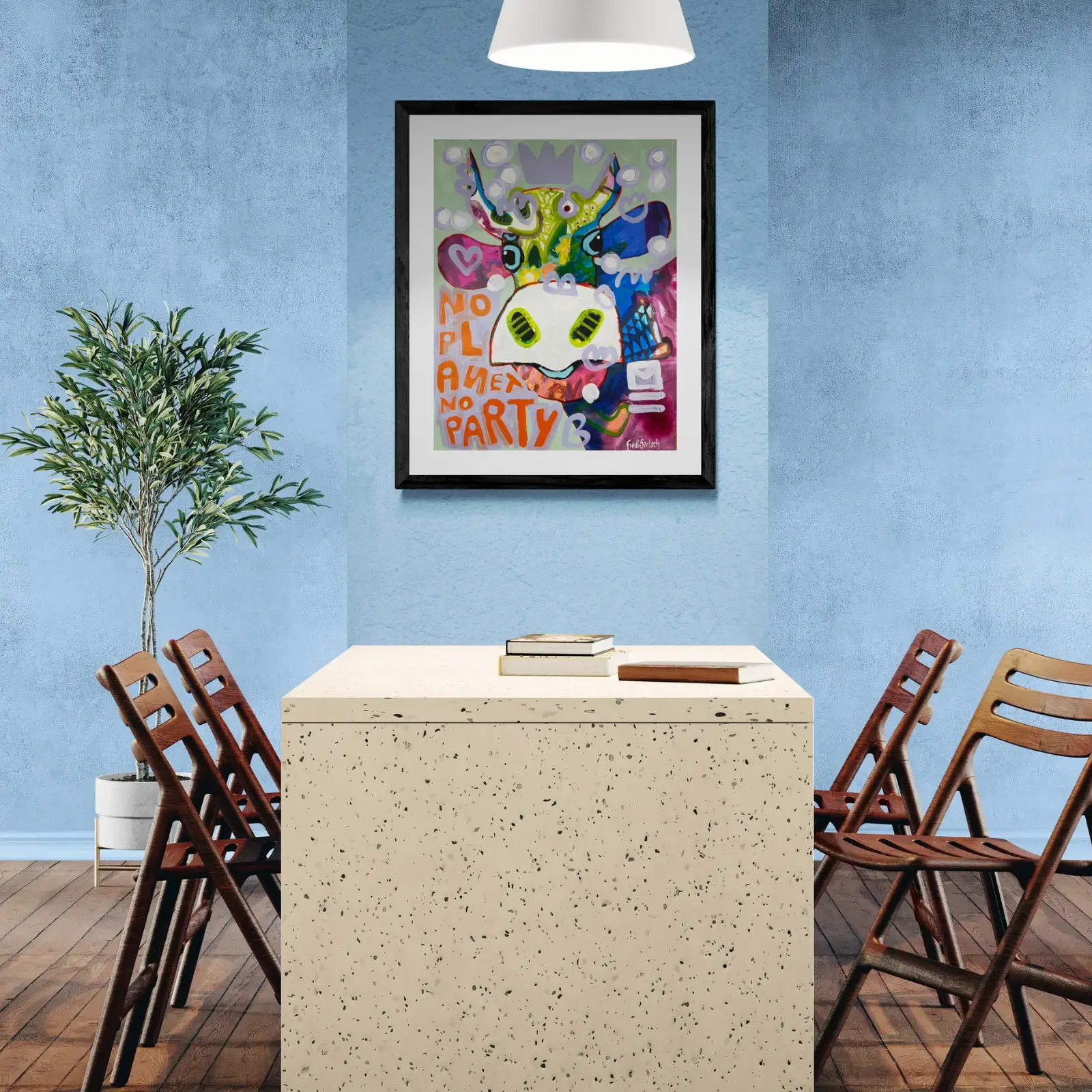 VogelLisi – No Planet, No Party von Fredi Gertsch, Pop Art Wandbild im Esszimmer, 2026