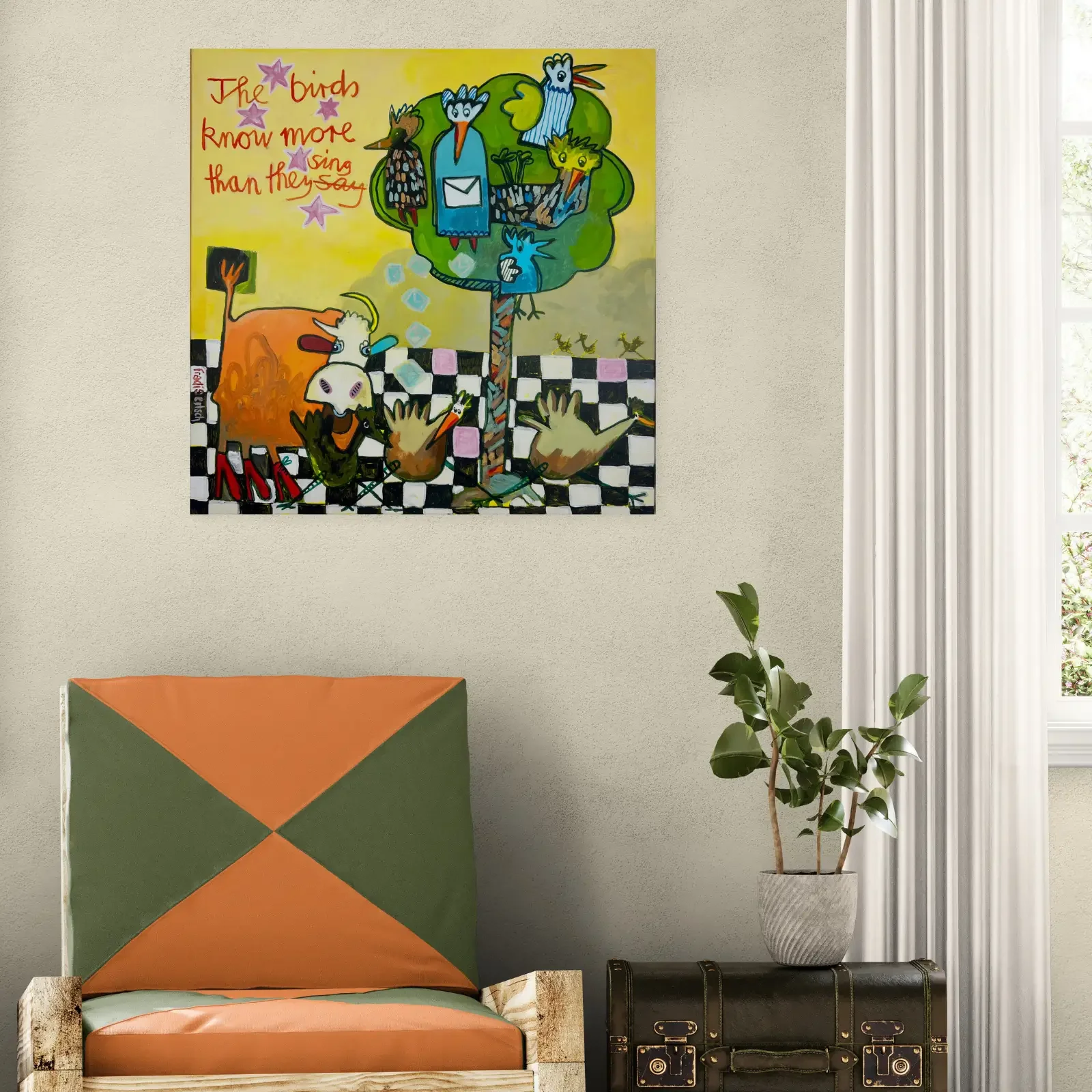 Die Vögel wissen mehr, als sie singen als Pop Art Wandbild im modernen Raum, 80 x 80 cm Acryl auf Leinwand, Fredi Gertsch, 2026