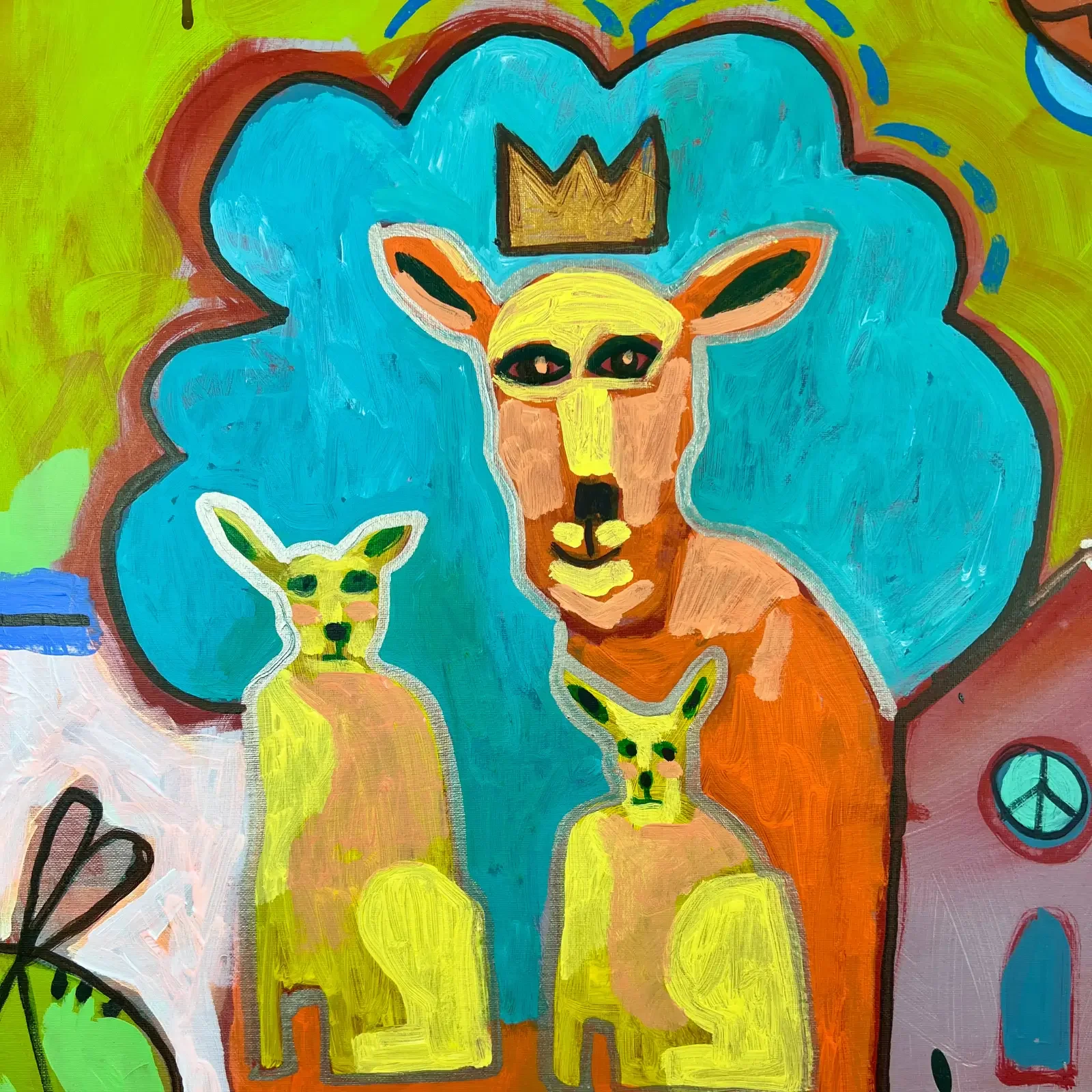 Detail Figur mit Krone und zwei Begleitfiguren, Pop Art Acrylgemälde Kroko Love, Fredi Gertsch, 2026