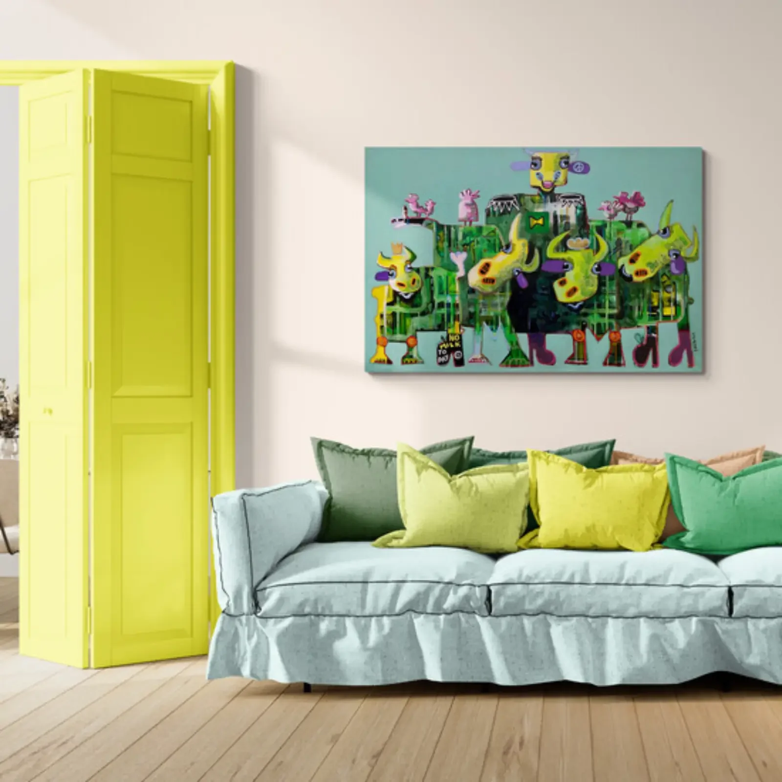 Pink Birds over Cow City als Wandbild im Wohnzimmer, Original 2026 von Fredi Gertsch, Acryl auf Leinwand, 150x100 cm