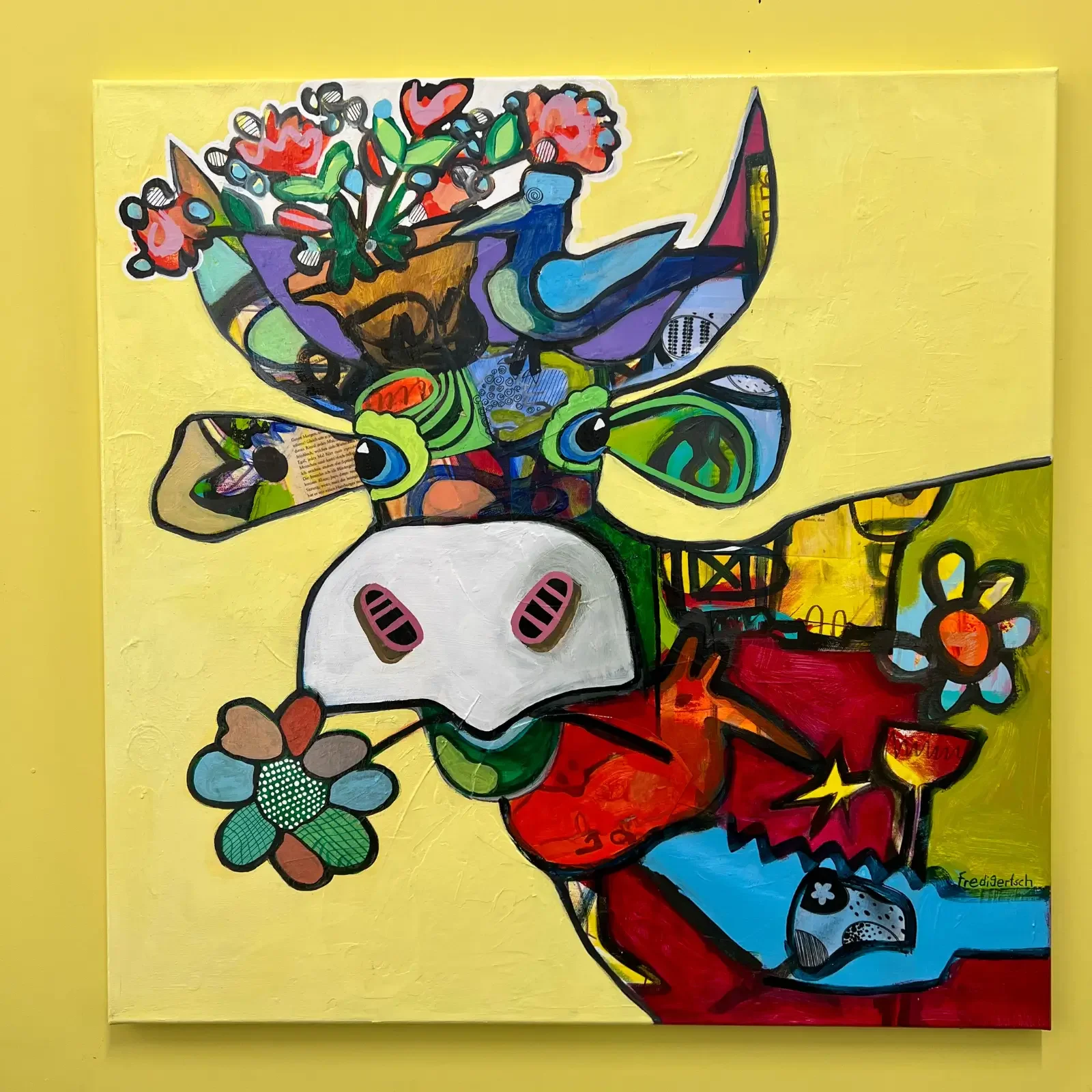 VogelLisi – Sunshine Bouquet, Pop Art Original 80 x 80 cm mit Hochglanz-Oberfläche, Fredi Gertsch, 2026