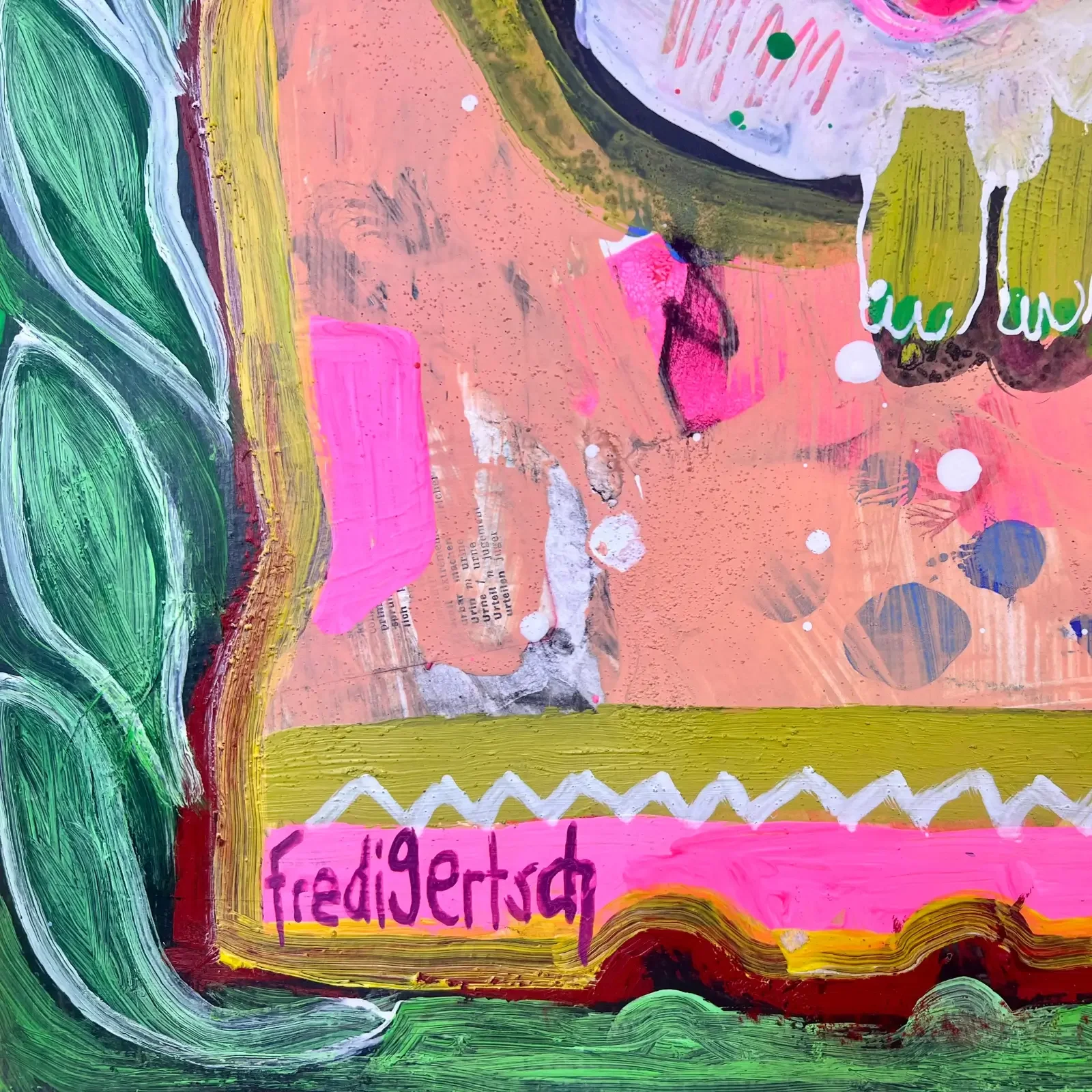 Detail bunter Schuh mit Signatur, Pop Art Acrylgemälde Hasilein, du musst nicht traurig sein, Fredi Gertsch, 2024