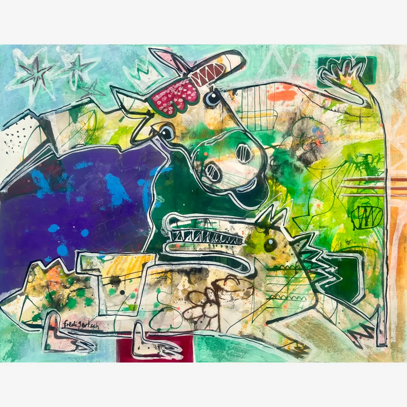 CrocoLove, Pop Art Acrylgemälde auf Papier mit grünem Krokodil, Krone, Herz und bunten Collage-Elementen, Fredi Gertsch, 2024