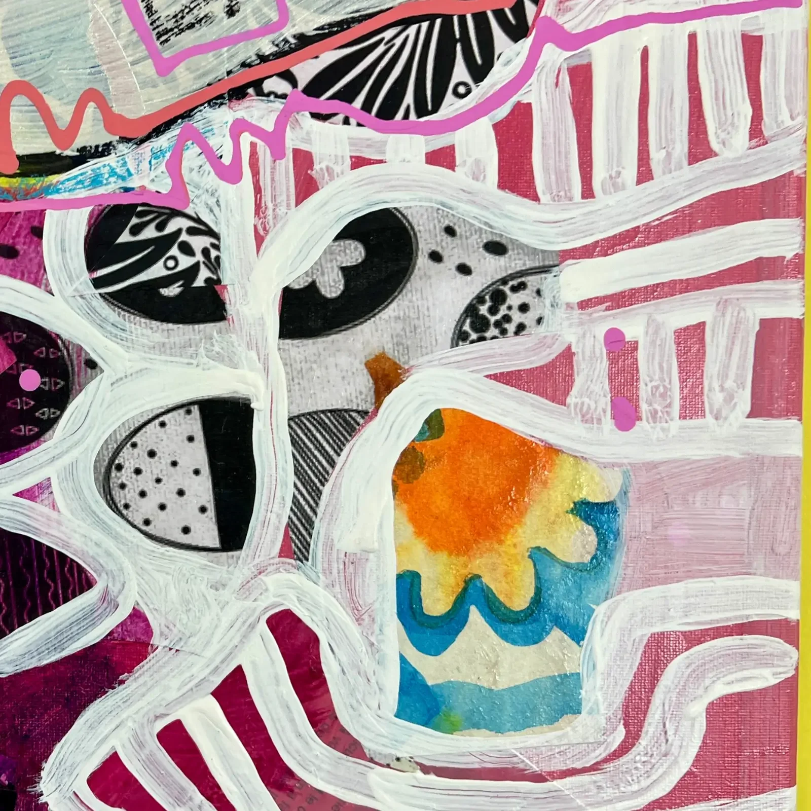 Detail grafische Muster in Pink und Orange, Pop Art Acrylgemälde VogelLisi – Pink Peace, Fredi Gertsch, 2026