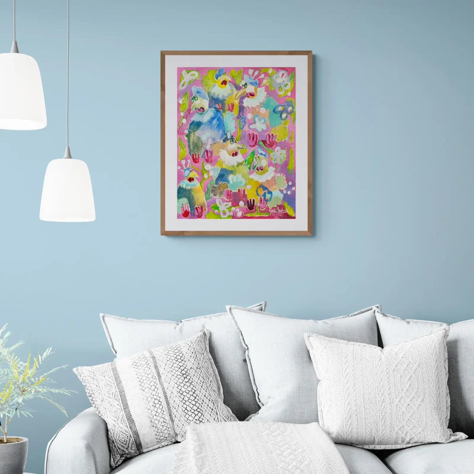 Traumvögel im Blütenmeer von Fredi Gertsch, Pop Art Acrylgemälde als Wandbild im modernen Wohnzimmer, 2024