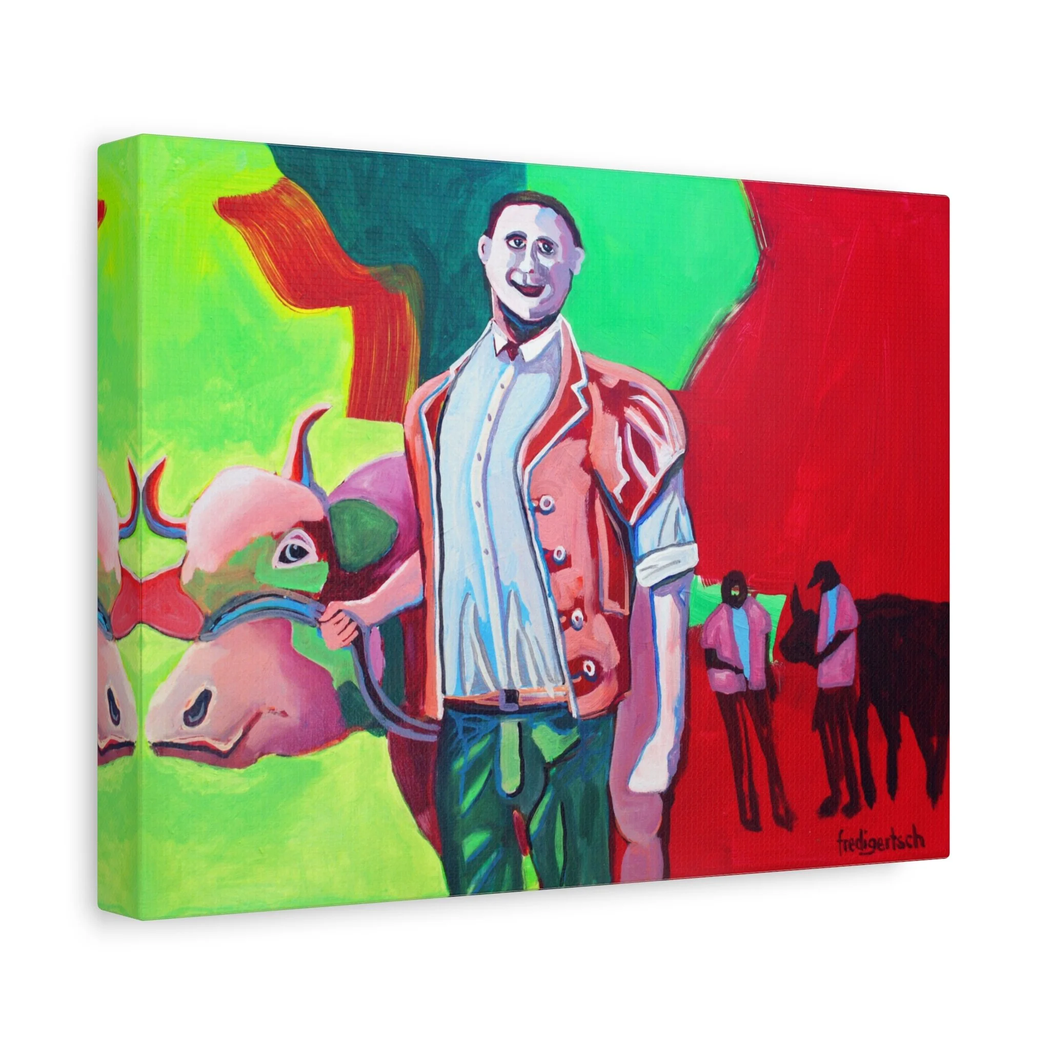 Siegermuni, Kunstdruck nach dem Original von Fredi Gertsch (2012), Schweizer Kunst mit Mann in Tracht und Muni vor grünen und roten Farbflächen, Serie Highlights 2012