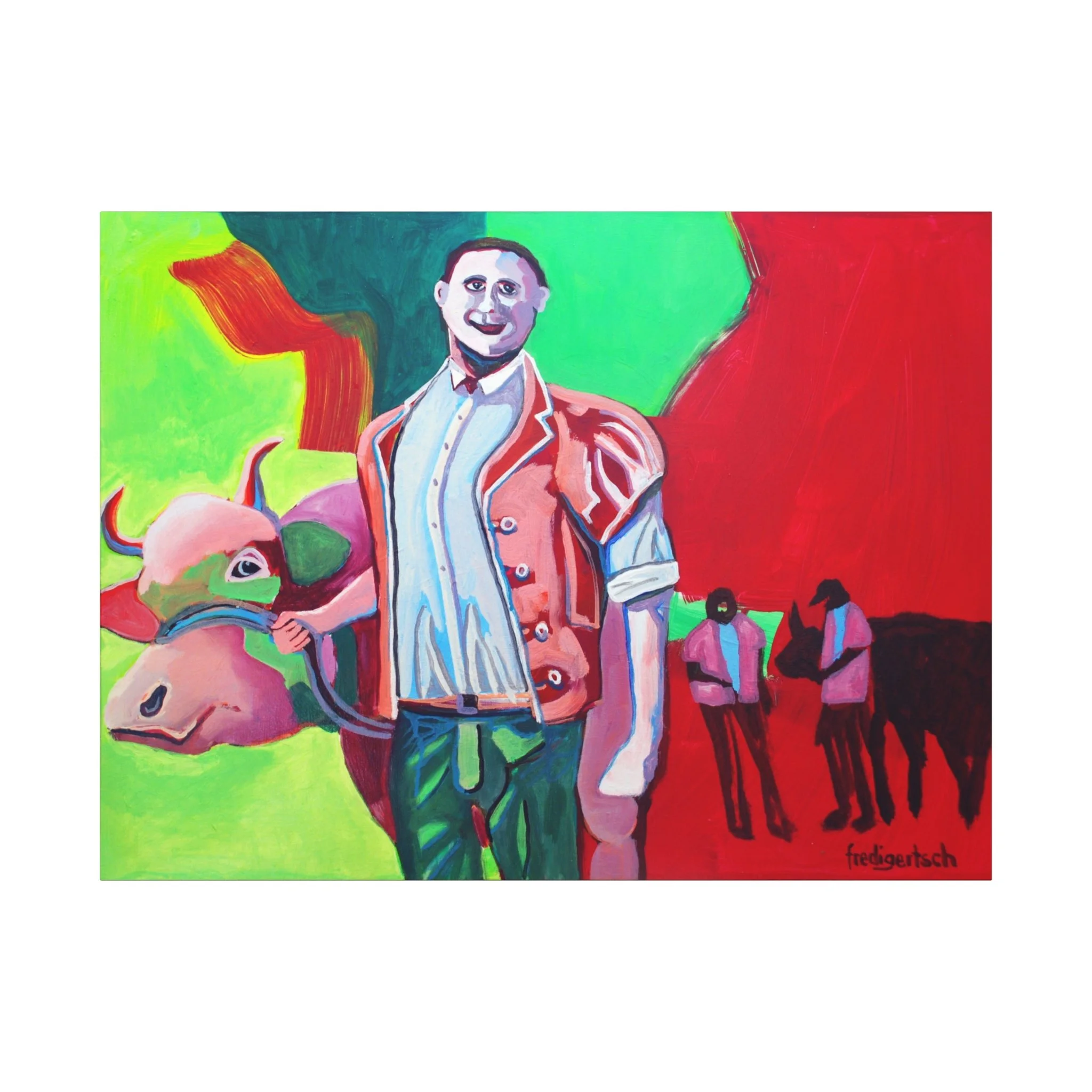 Siegermuni, Kunstdruck nach dem Original von Fredi Gertsch (2012), Schweizer Kunst mit Mann in Tracht und Muni vor grünen und roten Farbflächen, Serie Highlights 2012