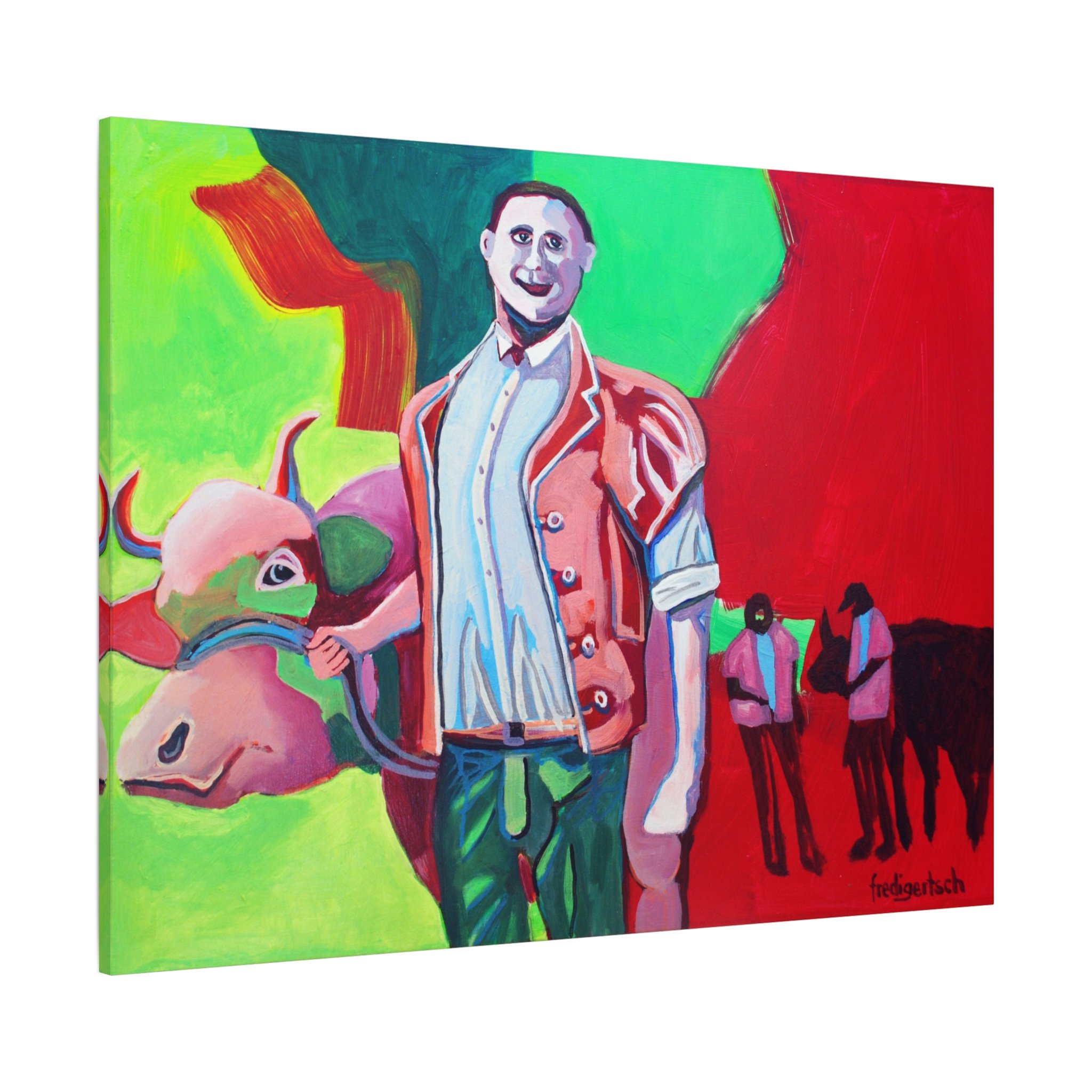 Siegermuni, Kunstdruck nach dem Original von Fredi Gertsch (2012), Schweizer Kunst mit Mann in Tracht und Muni vor grünen und roten Farbflächen, Serie Highlights 2012